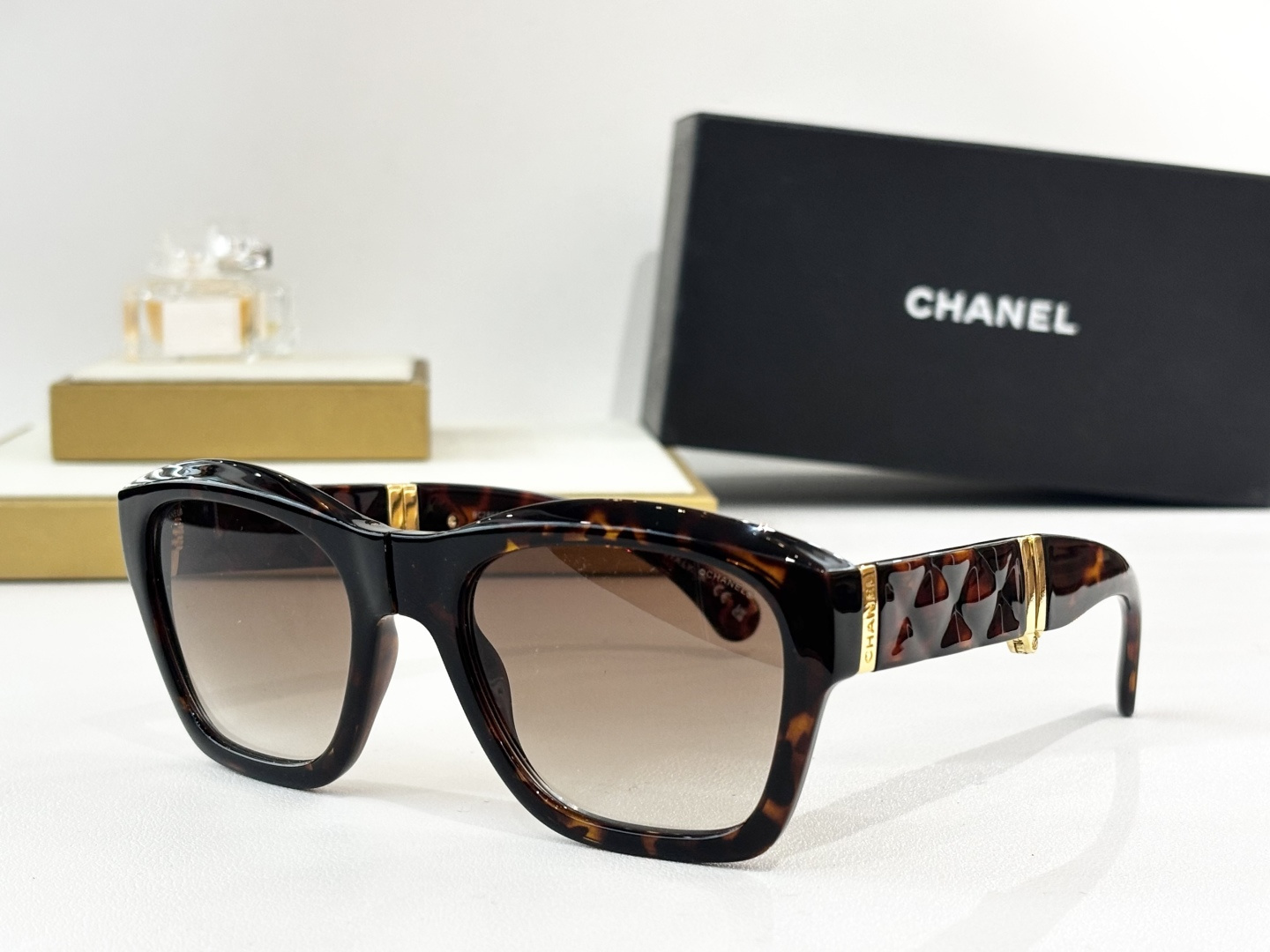 Chanel Luxury Oversized Square Sunglasses with Quilted Gold Temples