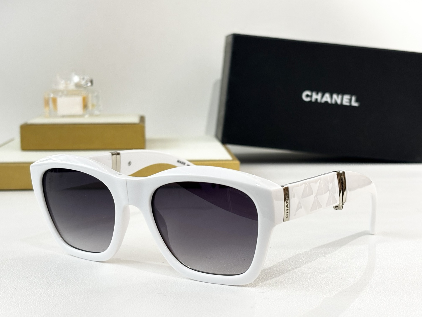 Chanel Luxury Oversized Square Sunglasses with Quilted Gold Temples