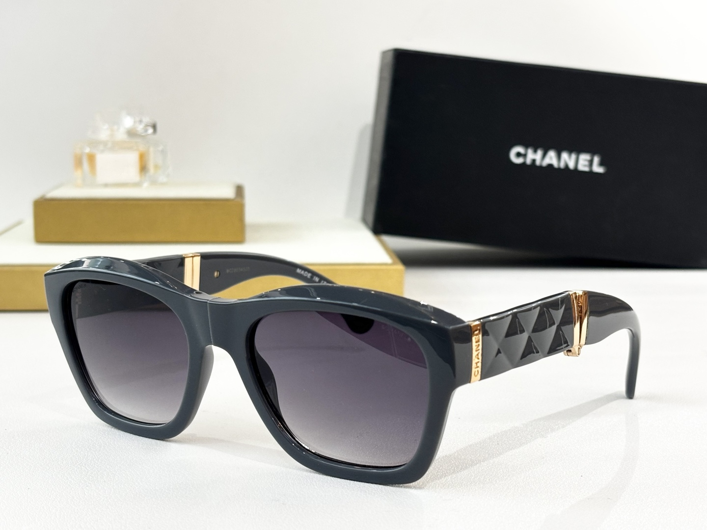 Chanel Luxury Oversized Square Sunglasses with Quilted Gold Temples