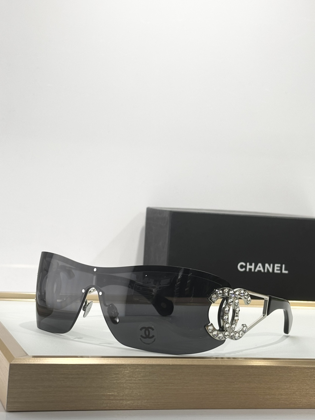 Chanel Shield Sunglasses with Crystal CC Logo Designer Eyewear