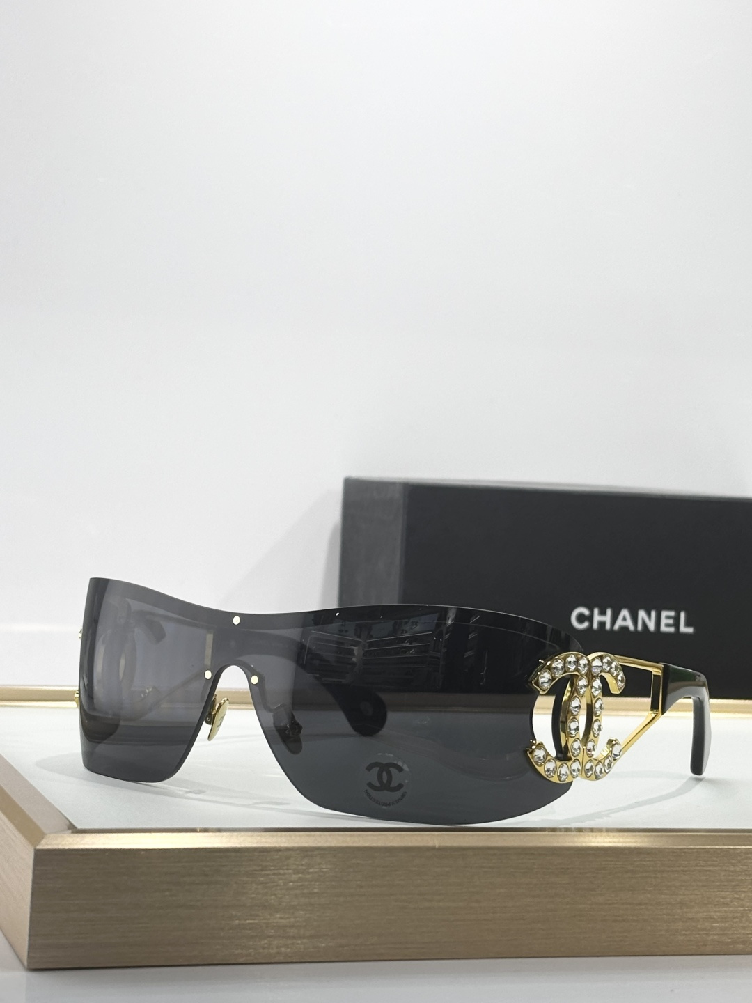 Chanel Shield Sunglasses with Crystal CC Logo Designer Eyewear