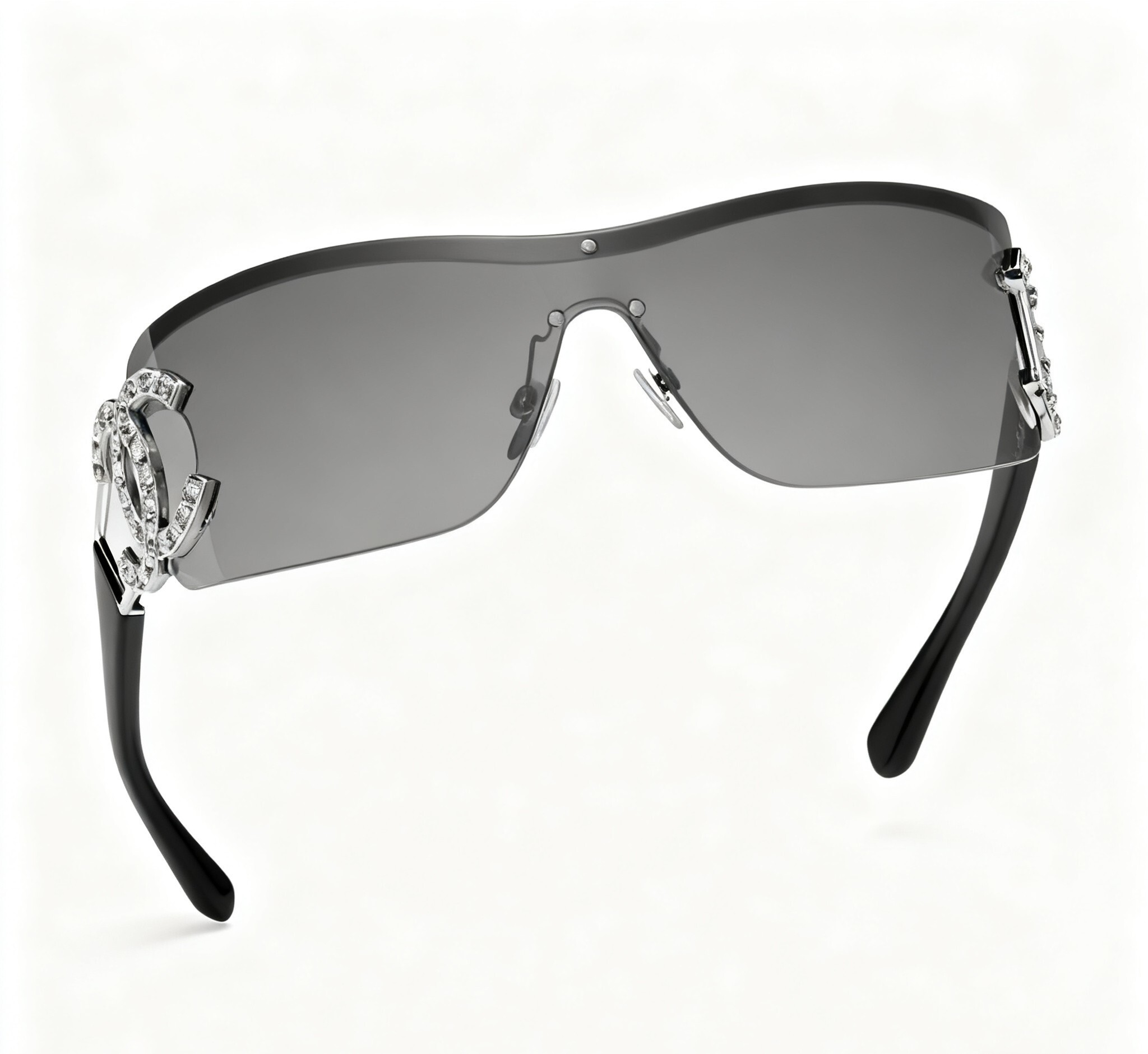 Luxury Shield Sunglasses with Crystal CC Logo - Elegant Black