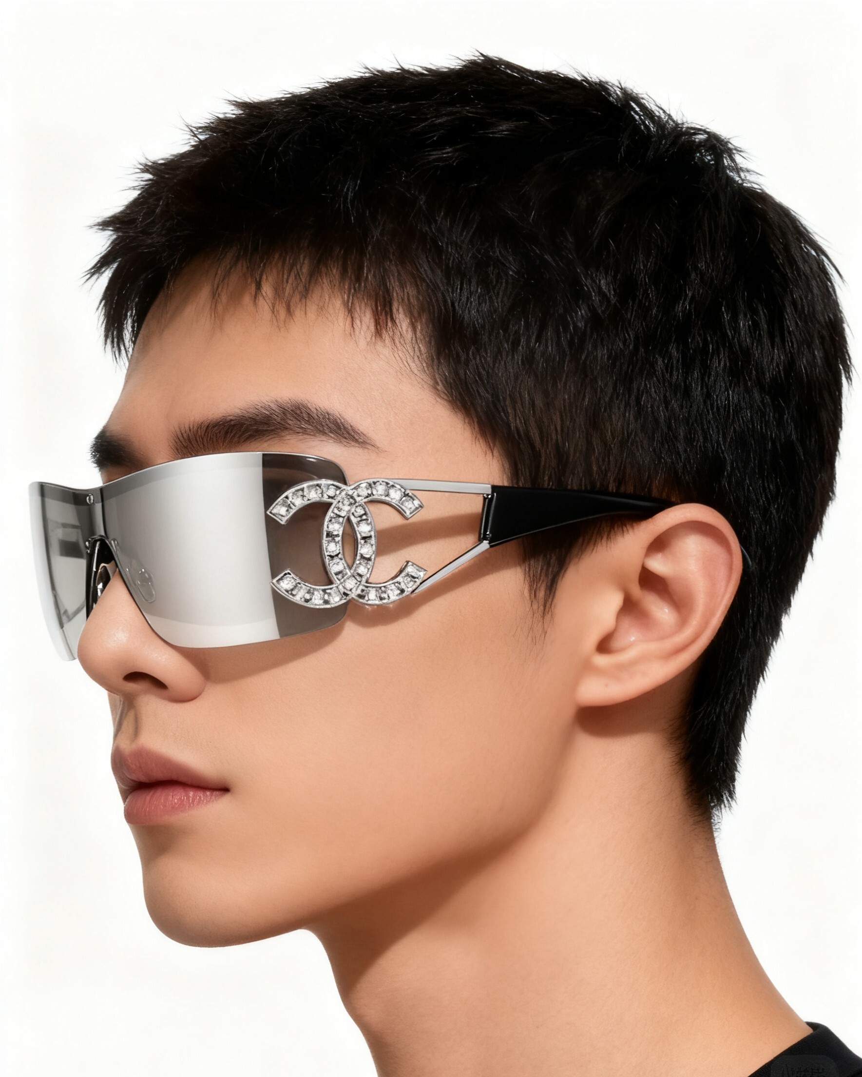 Luxury Shield Sunglasses with Crystal CC Logo - Elegant Black