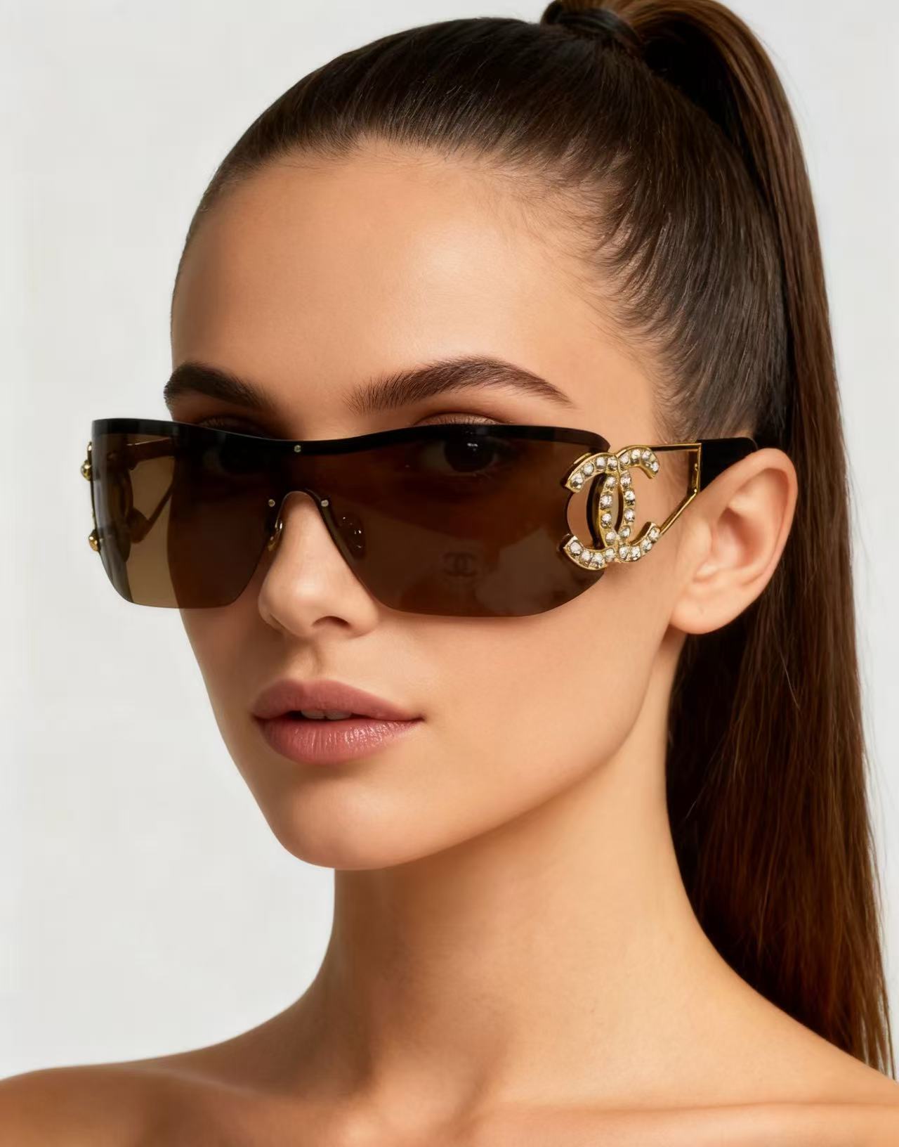 Chanel Luxury Shield Sunglasses with Crystal CC Logo - Y2K Style