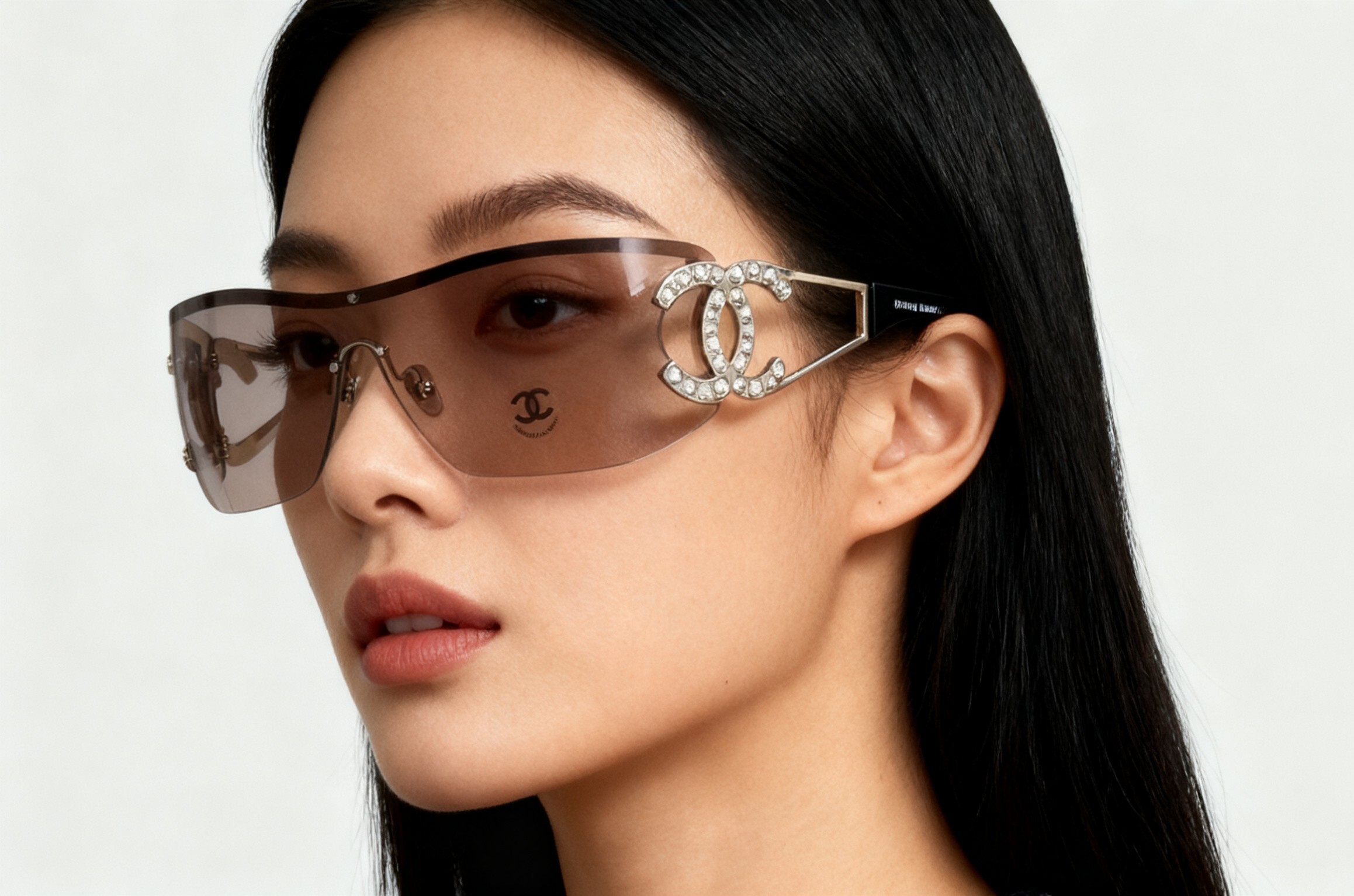 Chanel Luxury Shield Sunglasses with Crystal CC Logo - Y2K Style