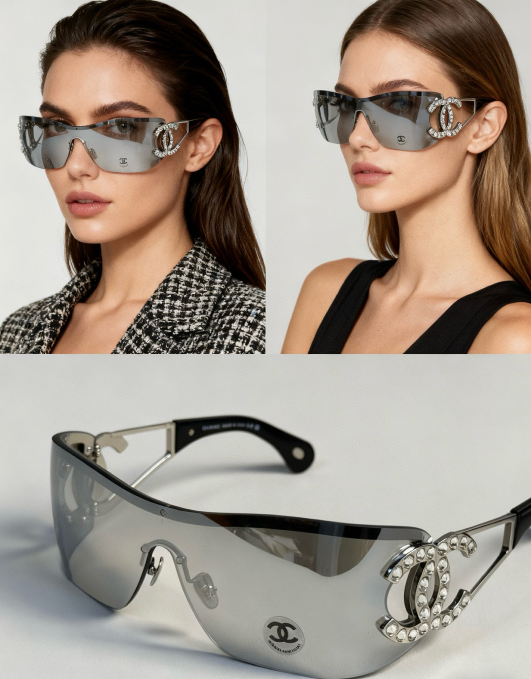 Luxury Crystal CC Rimless Shield Sunglasses - Silver Mirror Wrap
