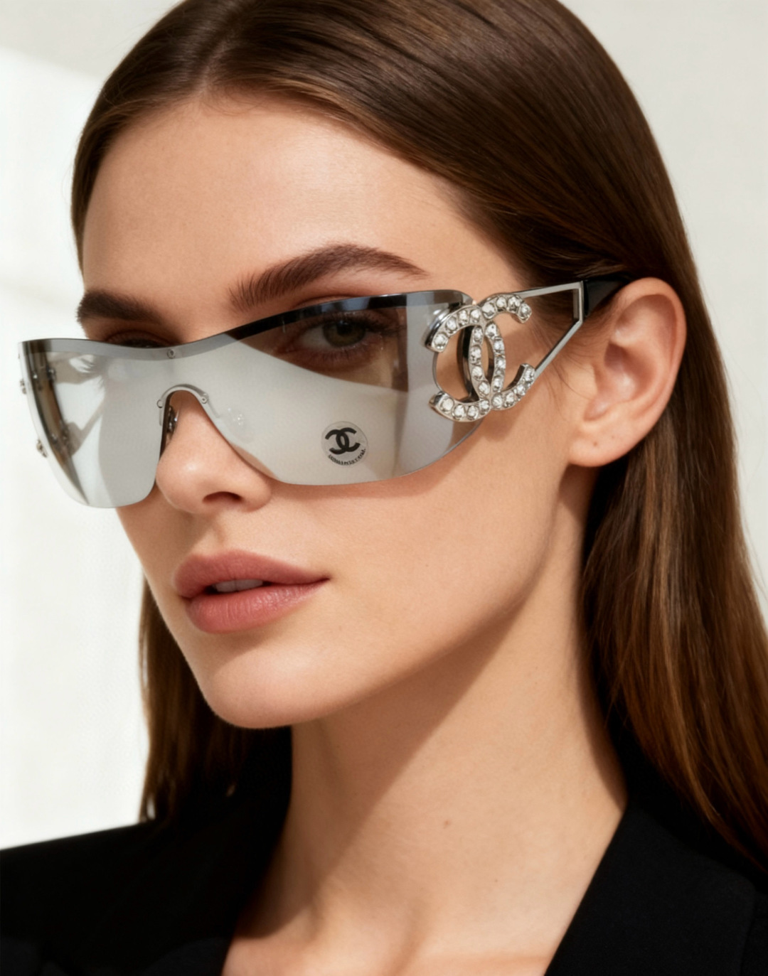 Luxury Crystal CC Rimless Shield Sunglasses - Silver Mirror Wrap