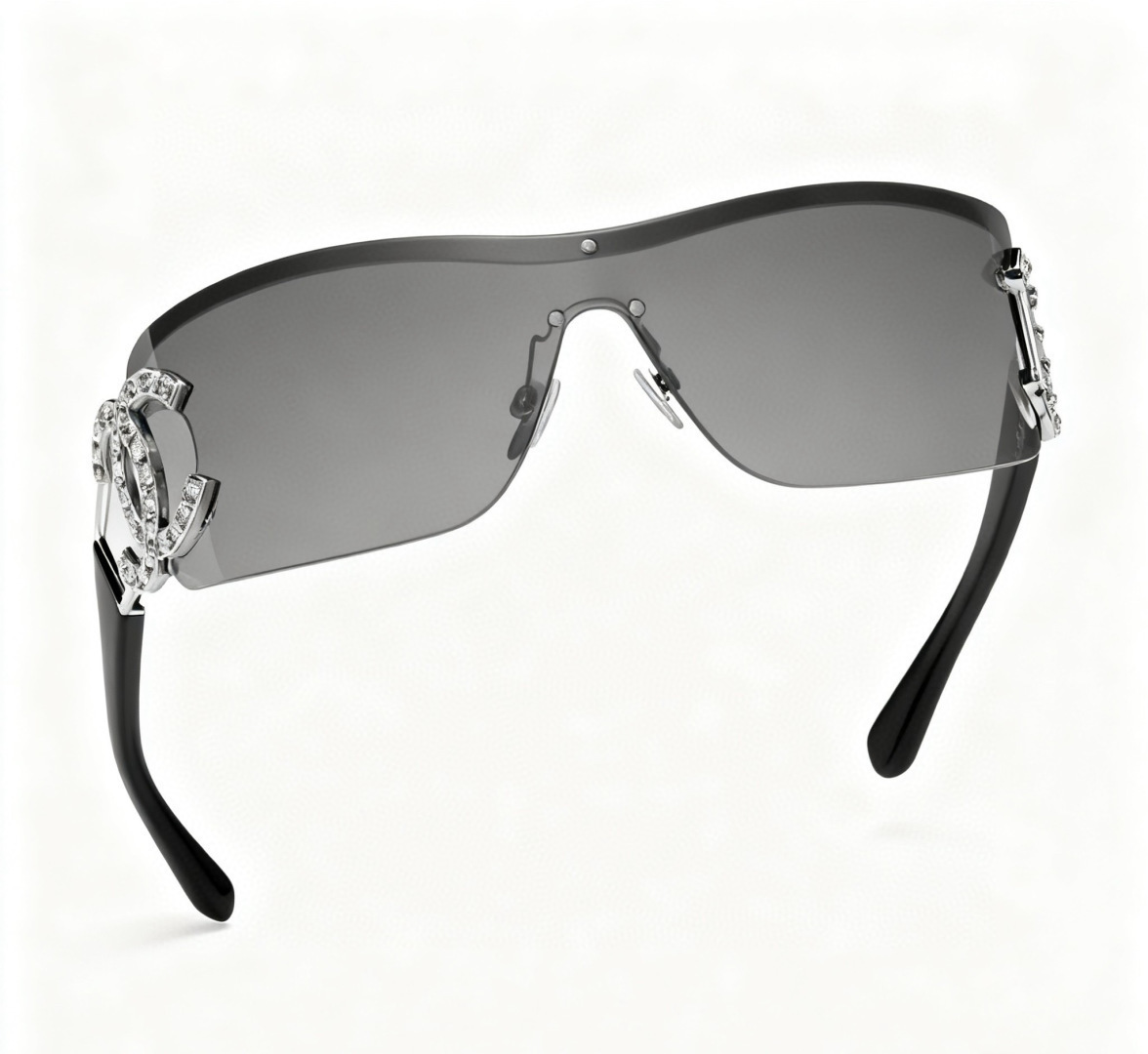 Luxury Crystal CC Rimless Shield Sunglasses – Silver Mirror Wrap