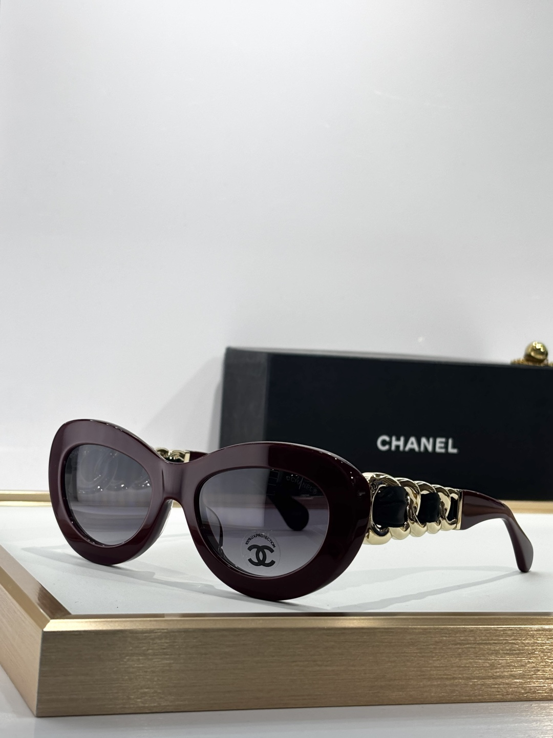 Chanel Luxury Oval Sunglasses with Gold Chain Link Arms
