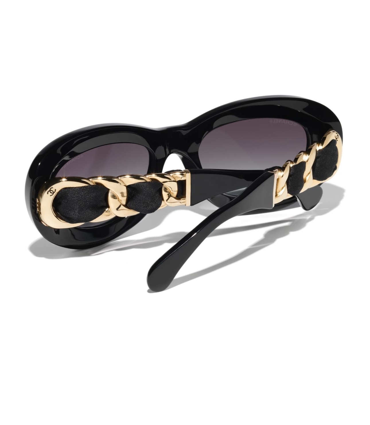 Chanel Black Oval Sunglasses with Silk and Gold-Tone Chain Detail