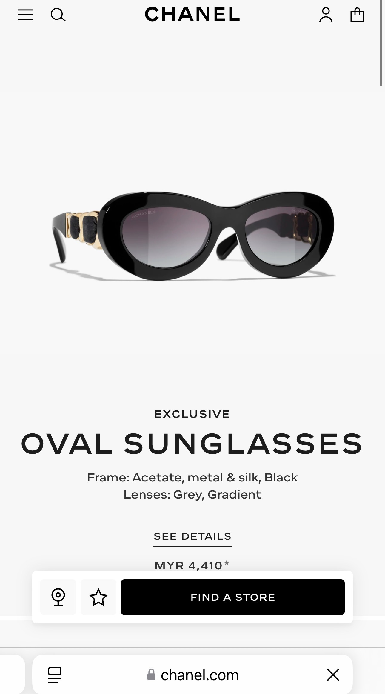 Chanel Black Oval Sunglasses with Silk and Gold-Tone Chain Detail