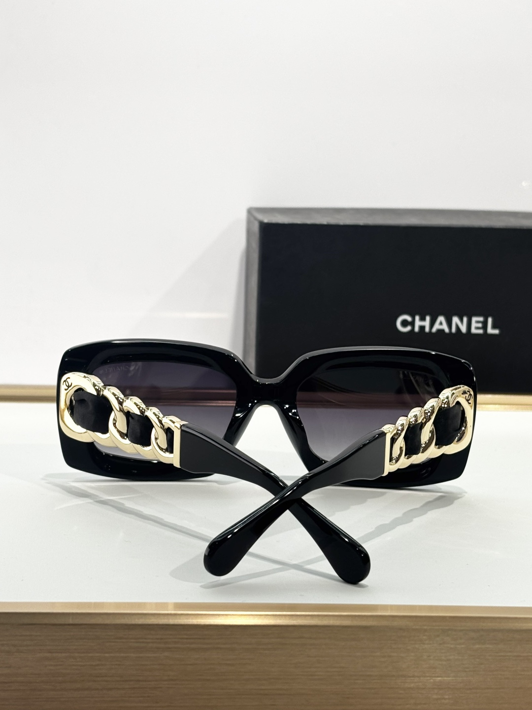 Chanel Oversized Square Sunglasses with Elegant Gold Chain Detail