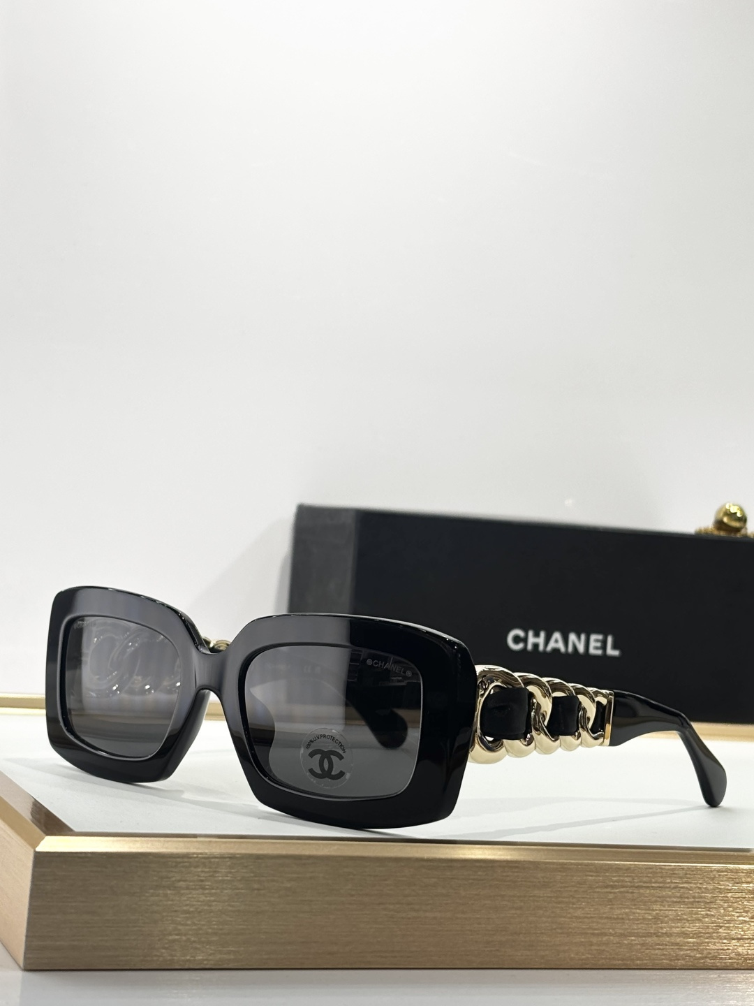 Chanel Oversized Square Sunglasses with Elegant Gold Chain Detail
