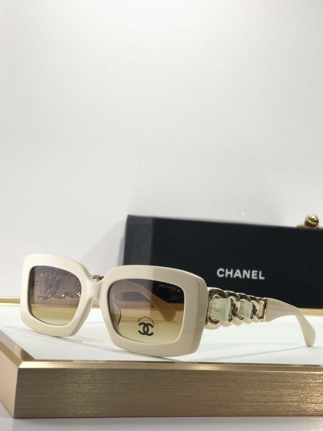 Chanel Oversized Square Sunglasses with Elegant Gold Chain Detail