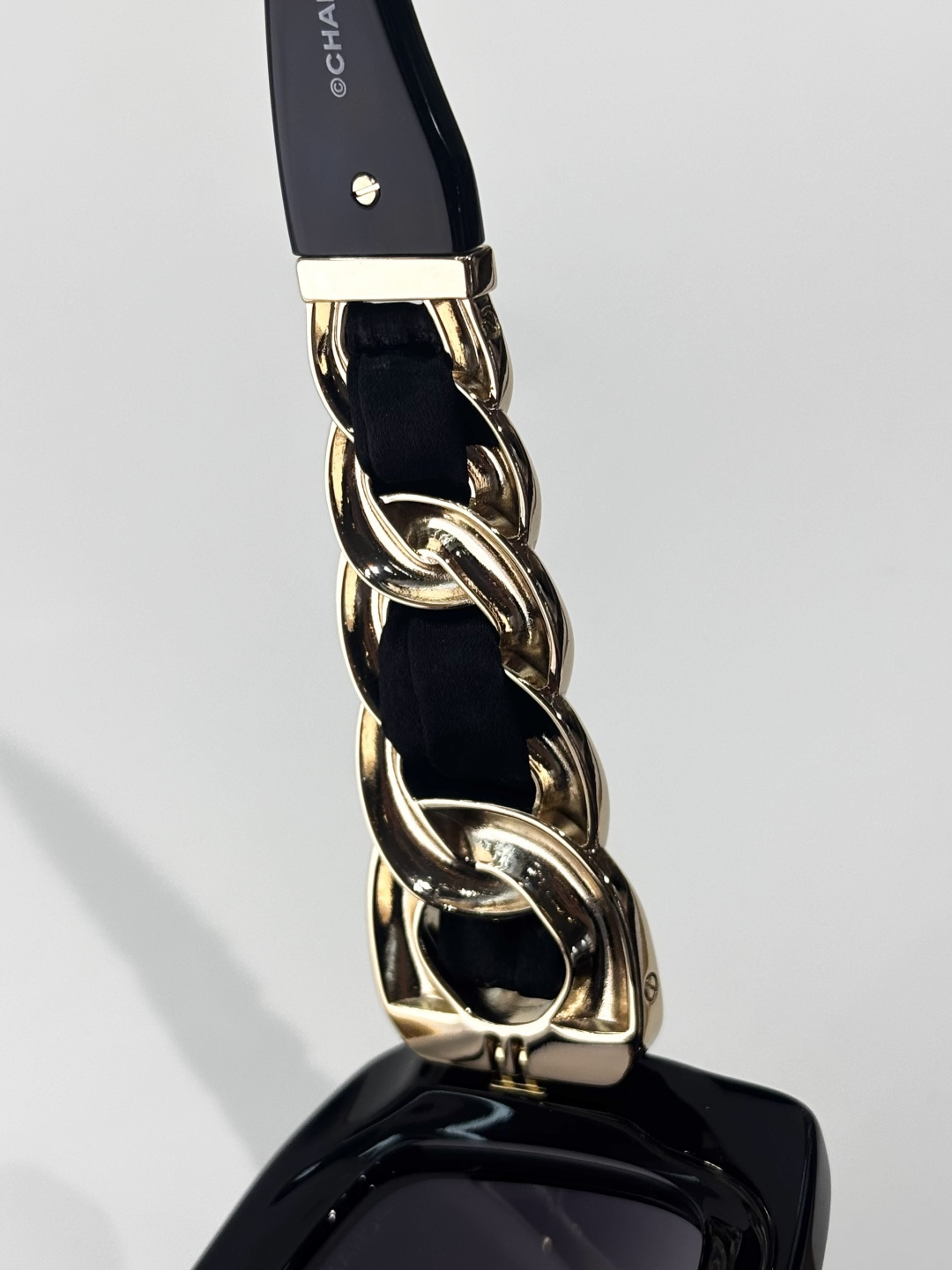 Chanel Black Rectangular Sunglasses with Gold Chain Details