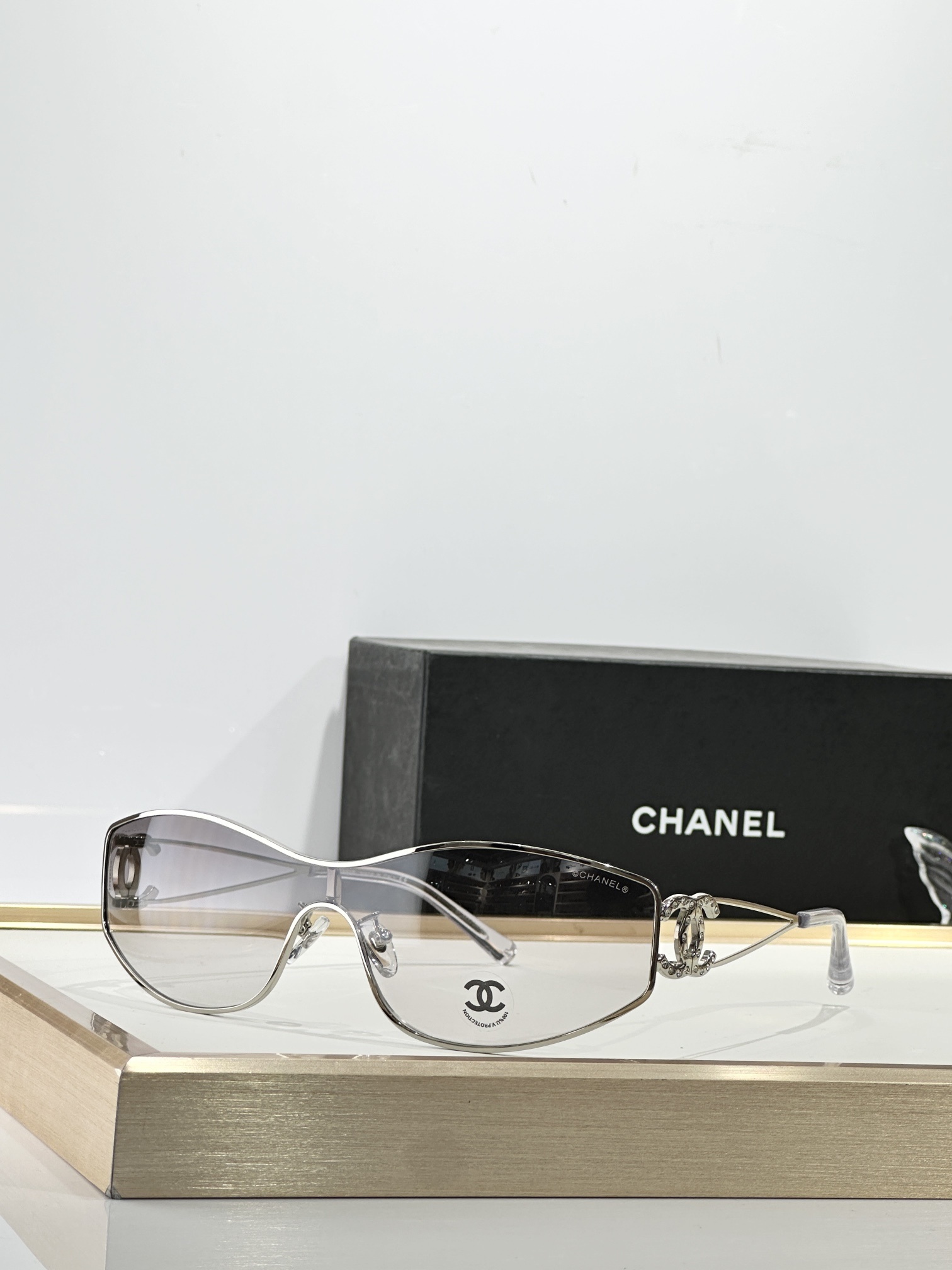 Luxury Chanel Shield Sunglasses with Crystal CC Logo - Y2K Style