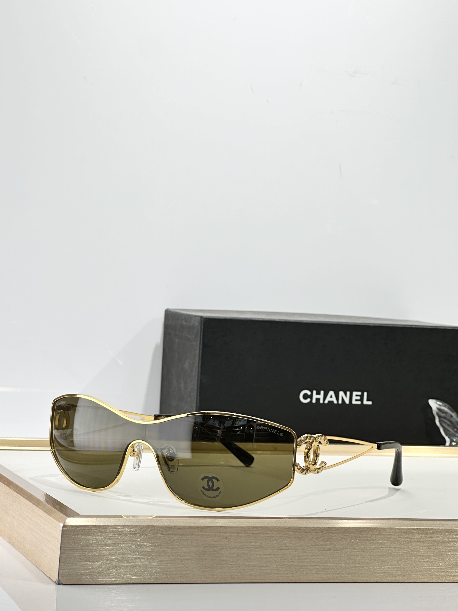 Luxury Chanel Shield Sunglasses with Crystal CC Logo - Y2K Style