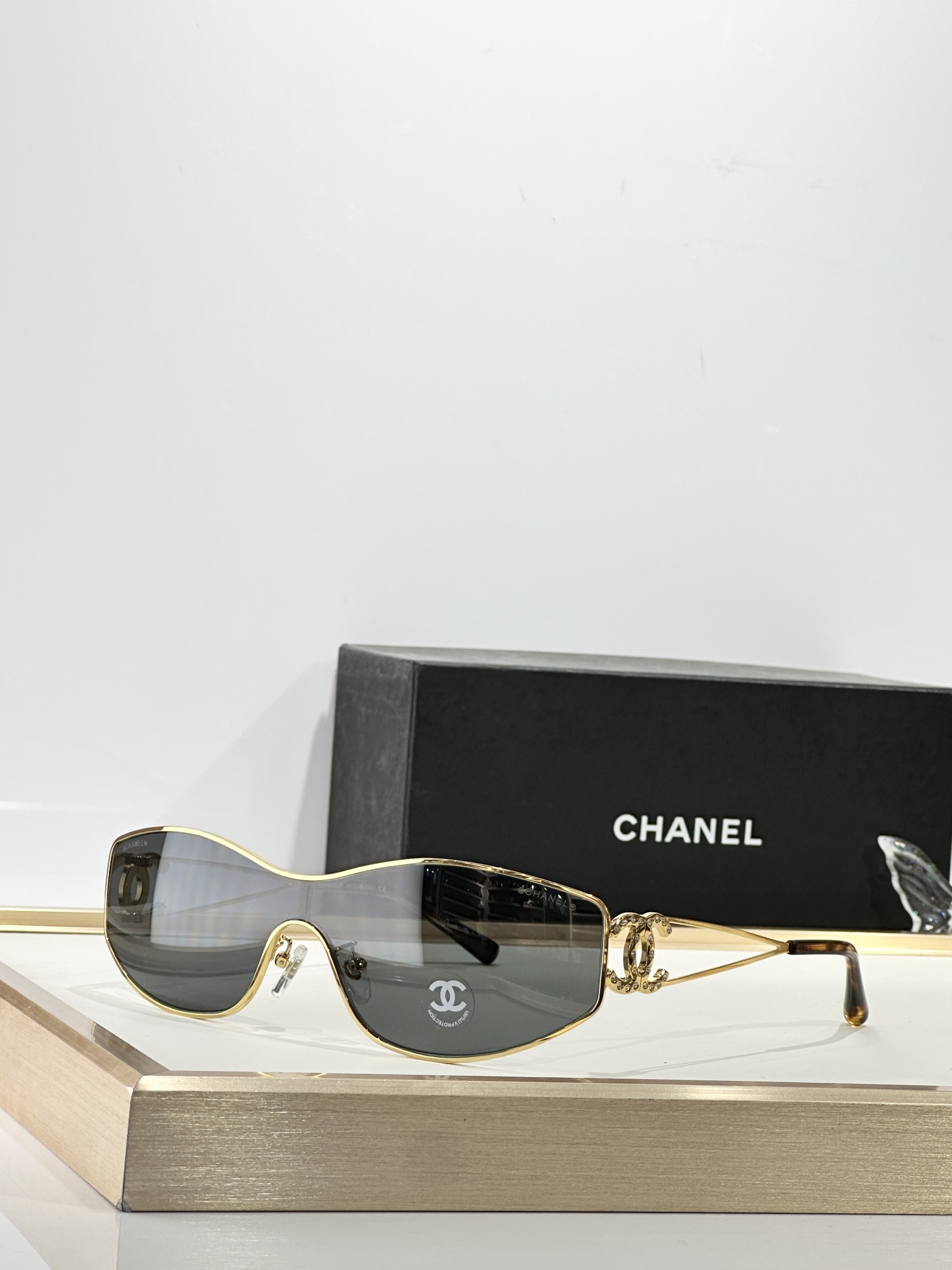 Luxury Chanel Shield Sunglasses with Crystal CC Logo - Y2K Style