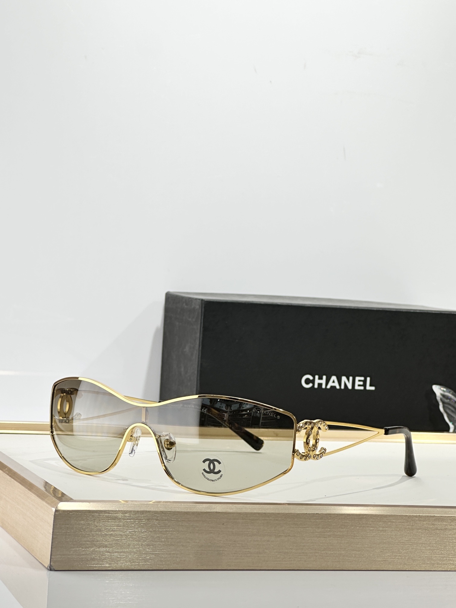 Luxury Chanel Shield Sunglasses with Crystal CC Logo - Y2K Style
