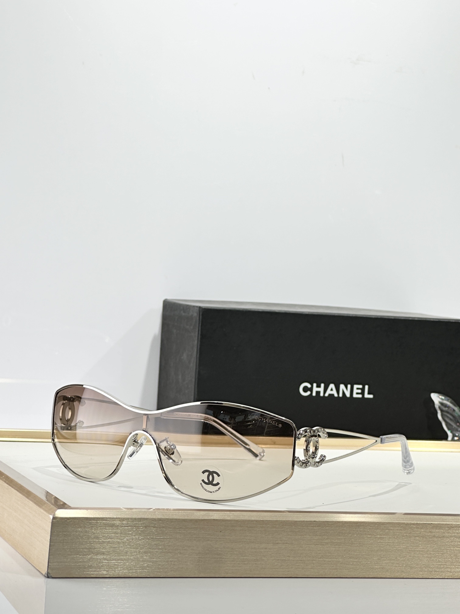 Luxury Chanel Shield Sunglasses with Crystal CC Logo - Y2K Style