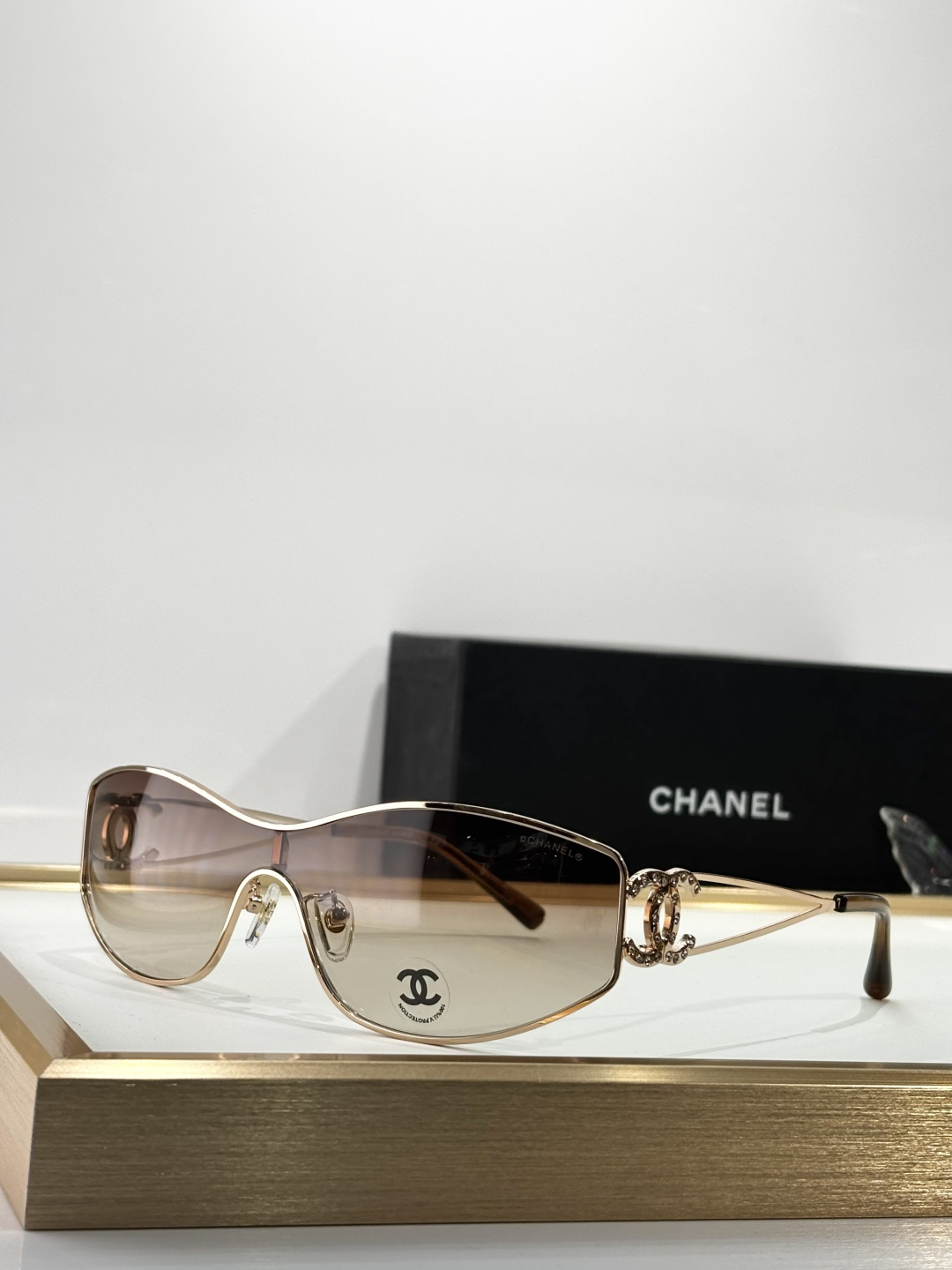 Luxury Chanel Shield Sunglasses with Crystal CC Logo - Y2K Style