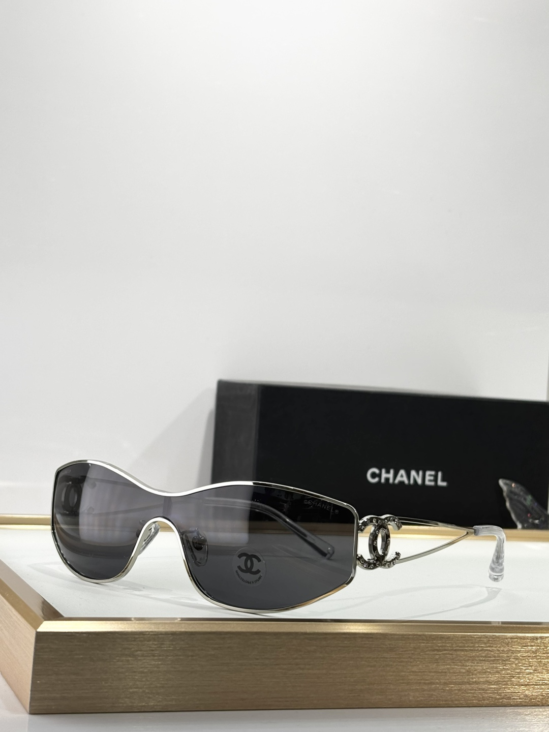 Luxury Chanel Shield Sunglasses with Crystal CC Logo – Y2K Style