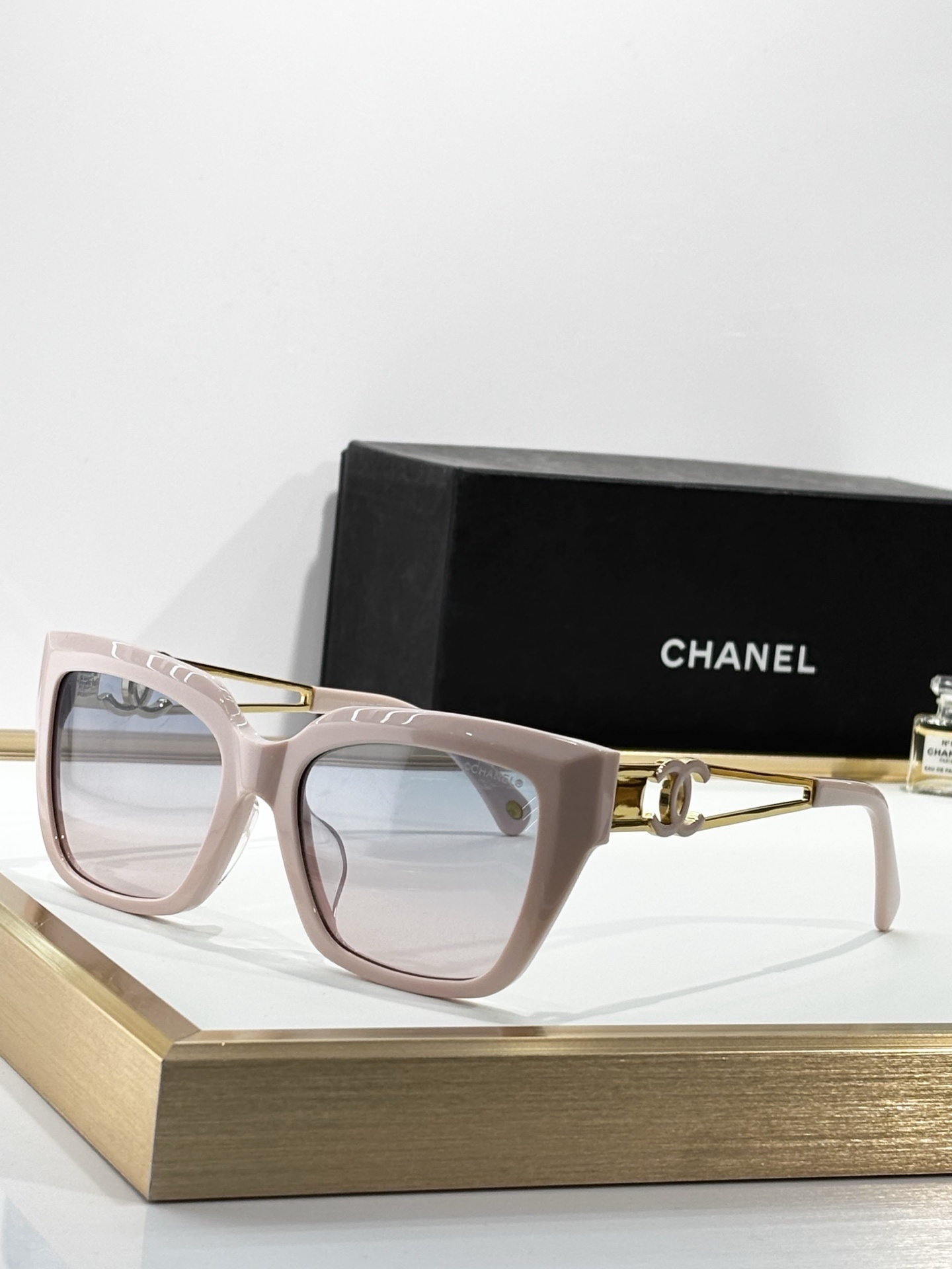 Chanel Luxury Square Sunglasses for Women with Gold CC Logo Temples