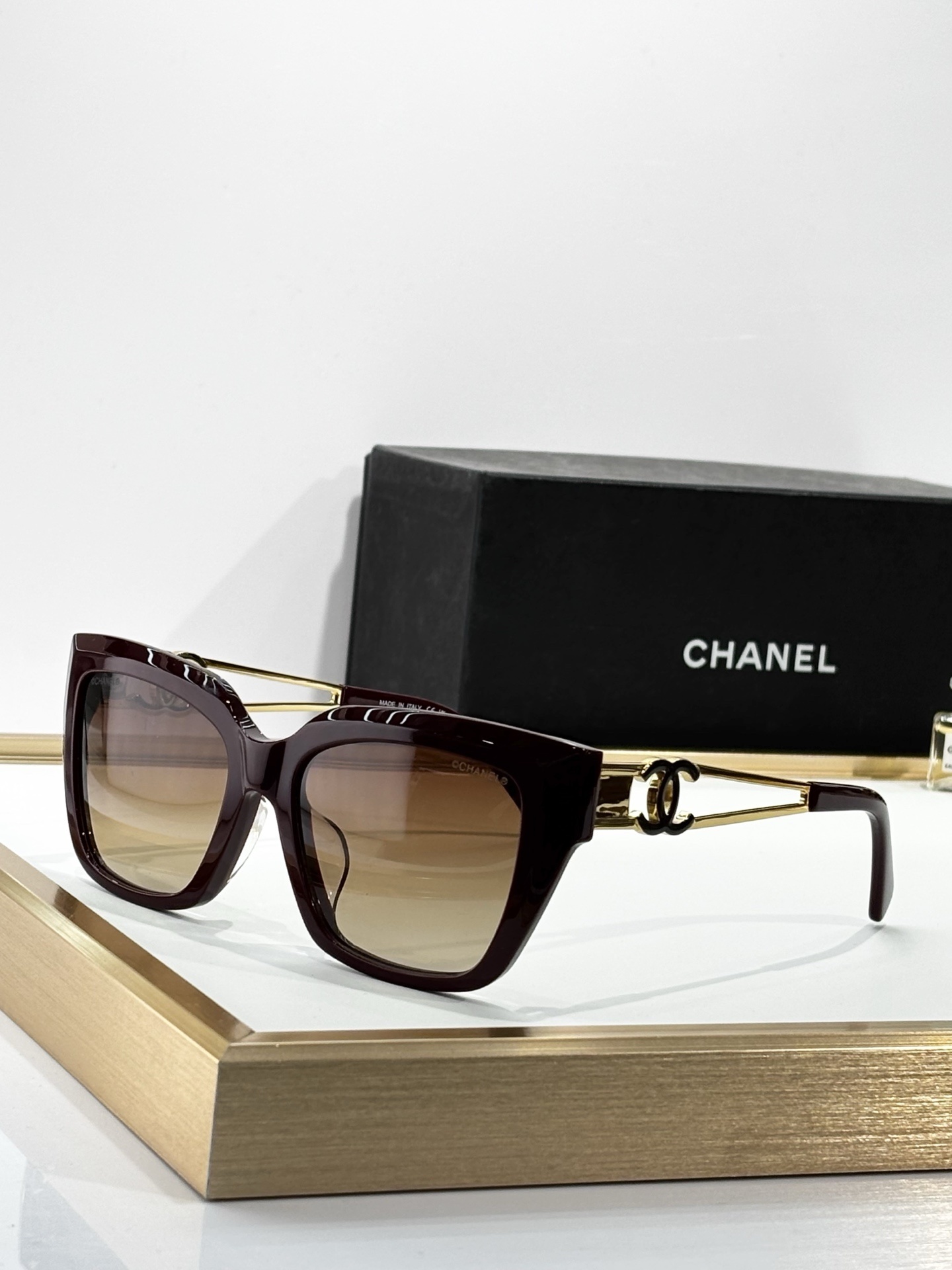 Chanel Luxury Square Sunglasses for Women with Gold CC Logo Temples