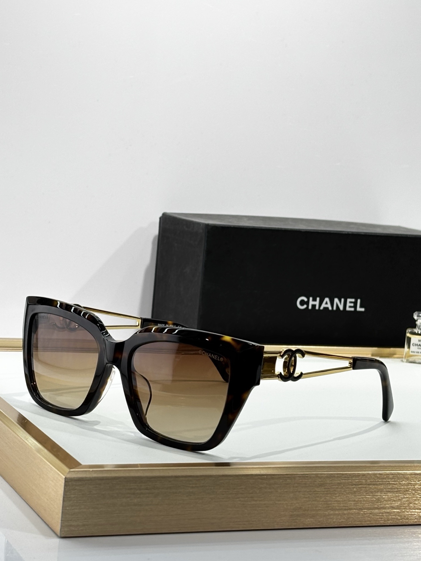 Chanel Luxury Square Sunglasses for Women with Gold CC Logo Temples