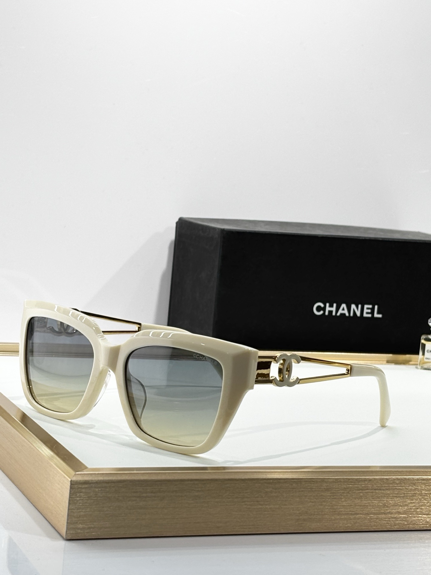 Chanel Luxury Square Sunglasses for Women with Gold CC Logo Temples