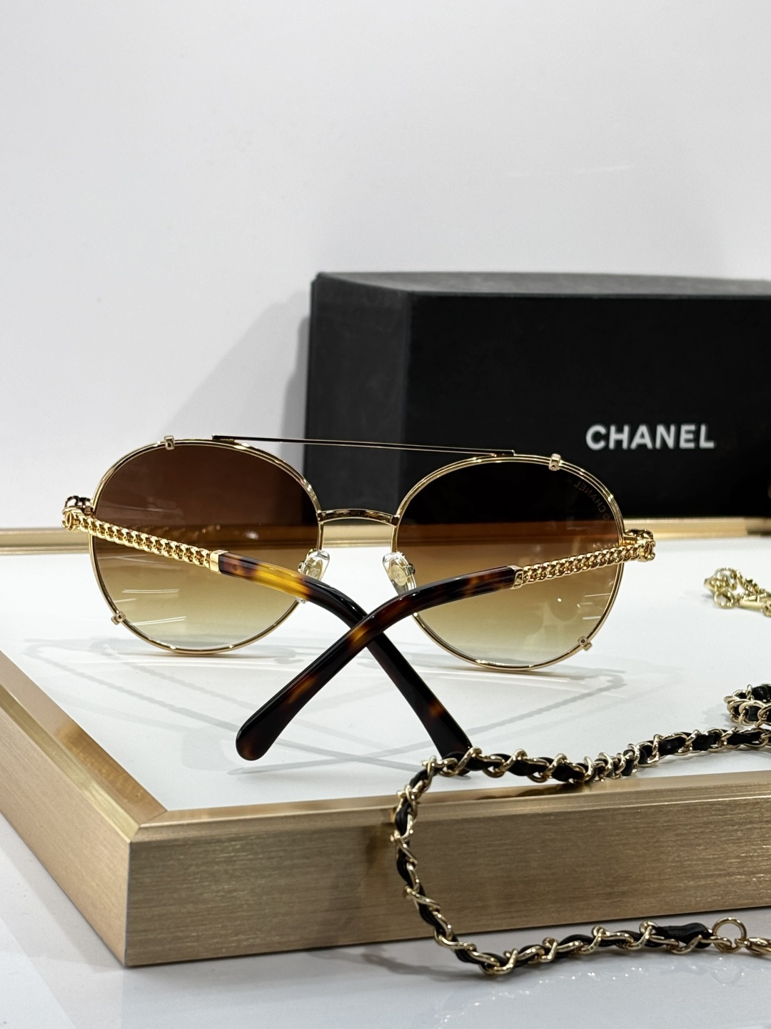 Chanel Luxury Round Gold Sunglasses with Clip-on Gradient Lenses