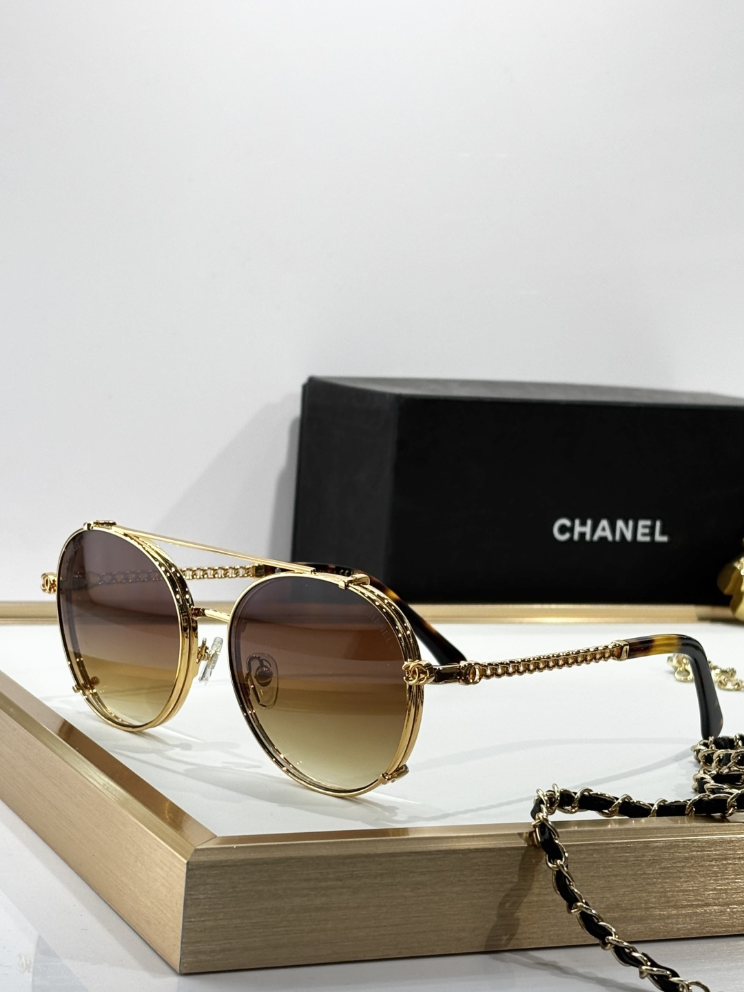 Chanel Luxury Round Gold Sunglasses with Clip-on Gradient Lenses