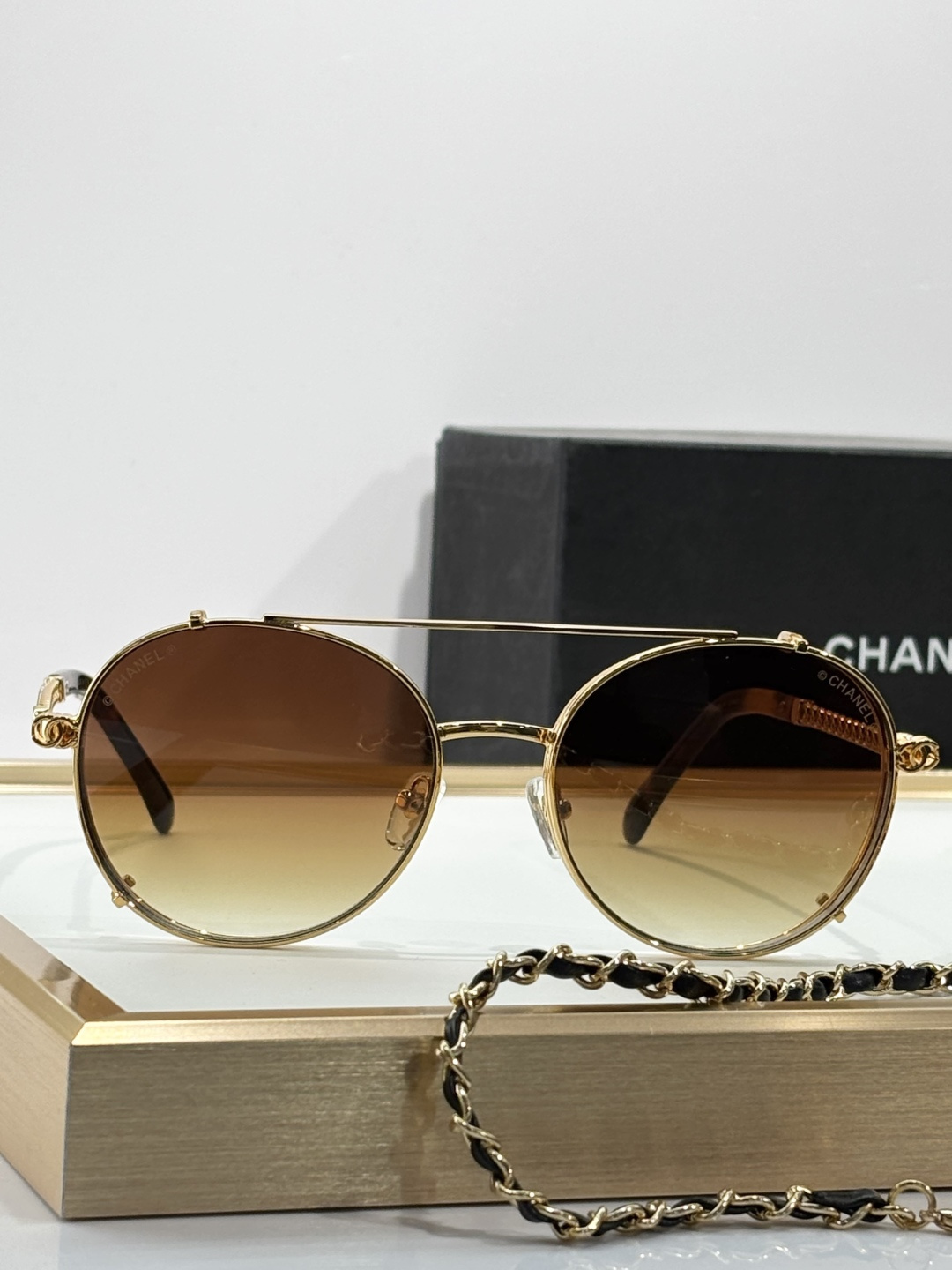 Chanel Luxury Round Gold Sunglasses with Clip-on Gradient Lenses