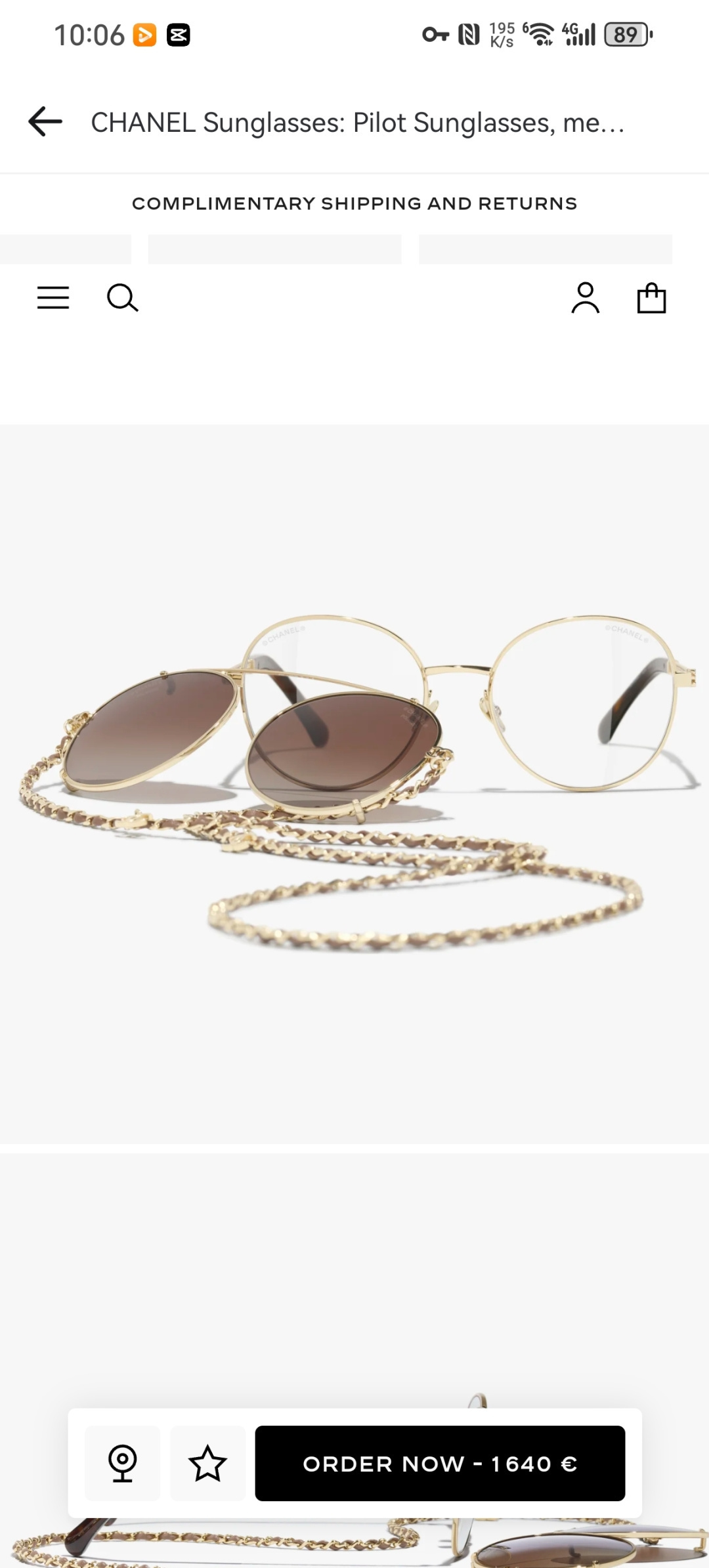 Chanel Pilot Sunglasses - Light Gold Metal & Calfskin with Chain