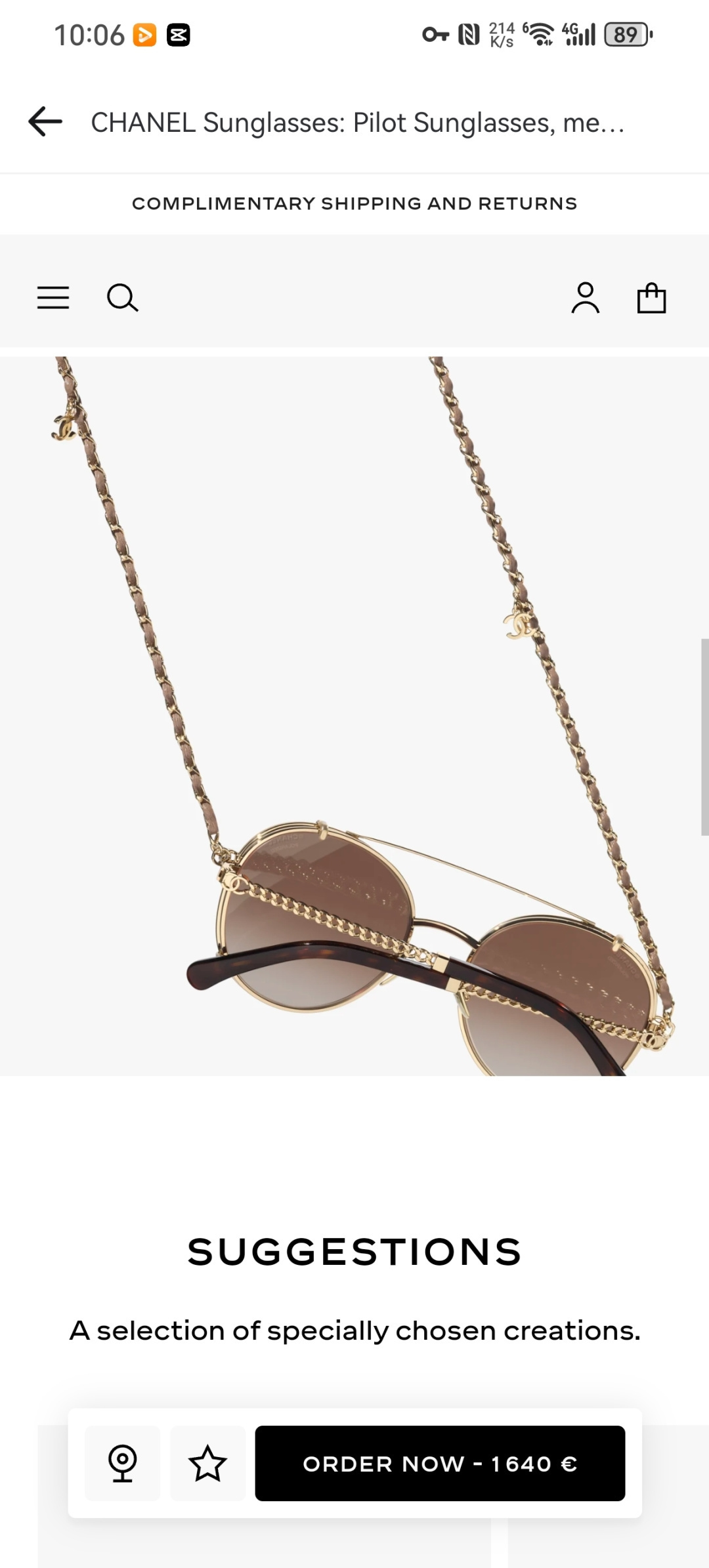 Chanel Pilot Sunglasses – Light Gold Metal & Calfskin with Chain