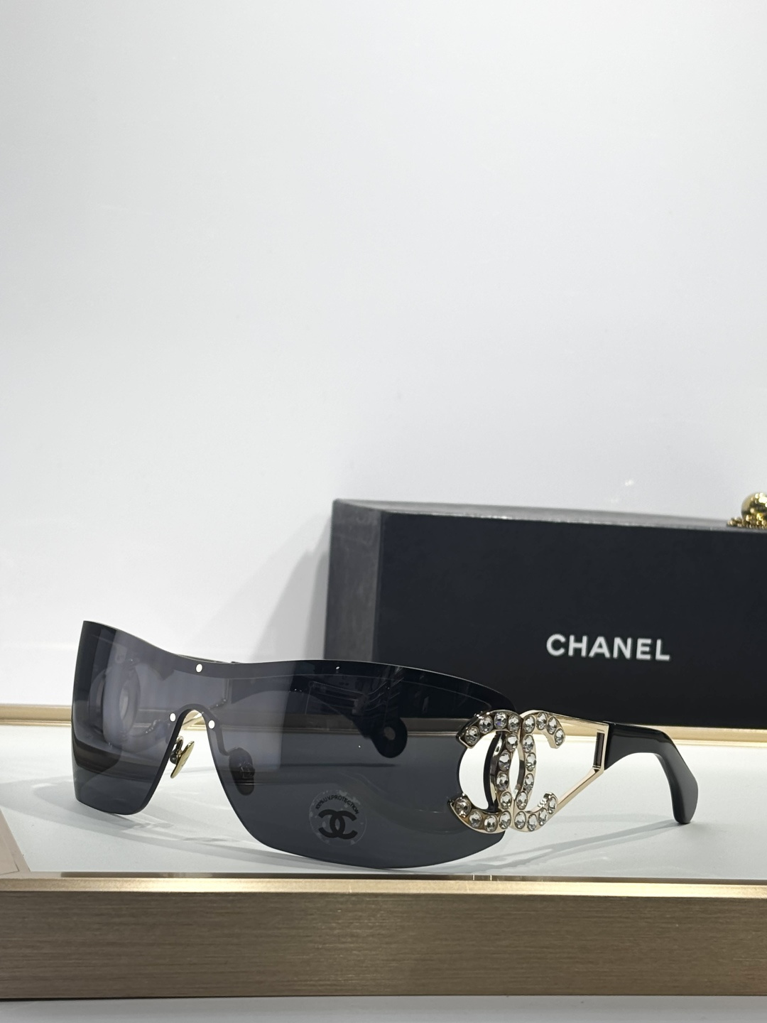 Chanel Luxury Shield Sunglasses - Crystal CC Logo Designer Eyewear