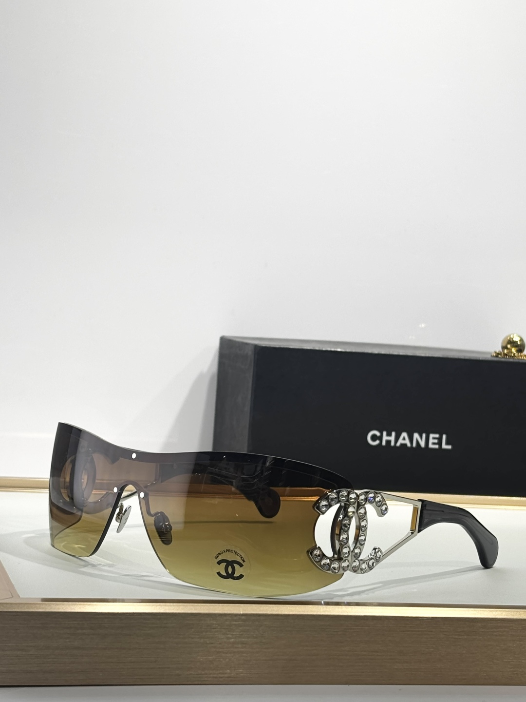 Chanel Luxury Shield Sunglasses - Crystal CC Logo Designer Eyewear
