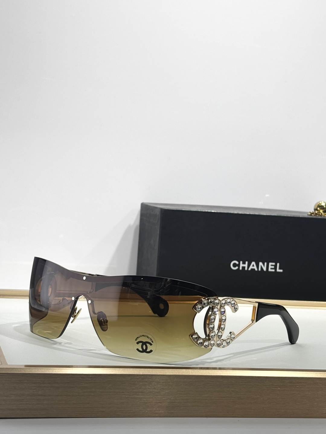 Chanel Luxury Shield Sunglasses - Crystal CC Logo Designer Eyewear