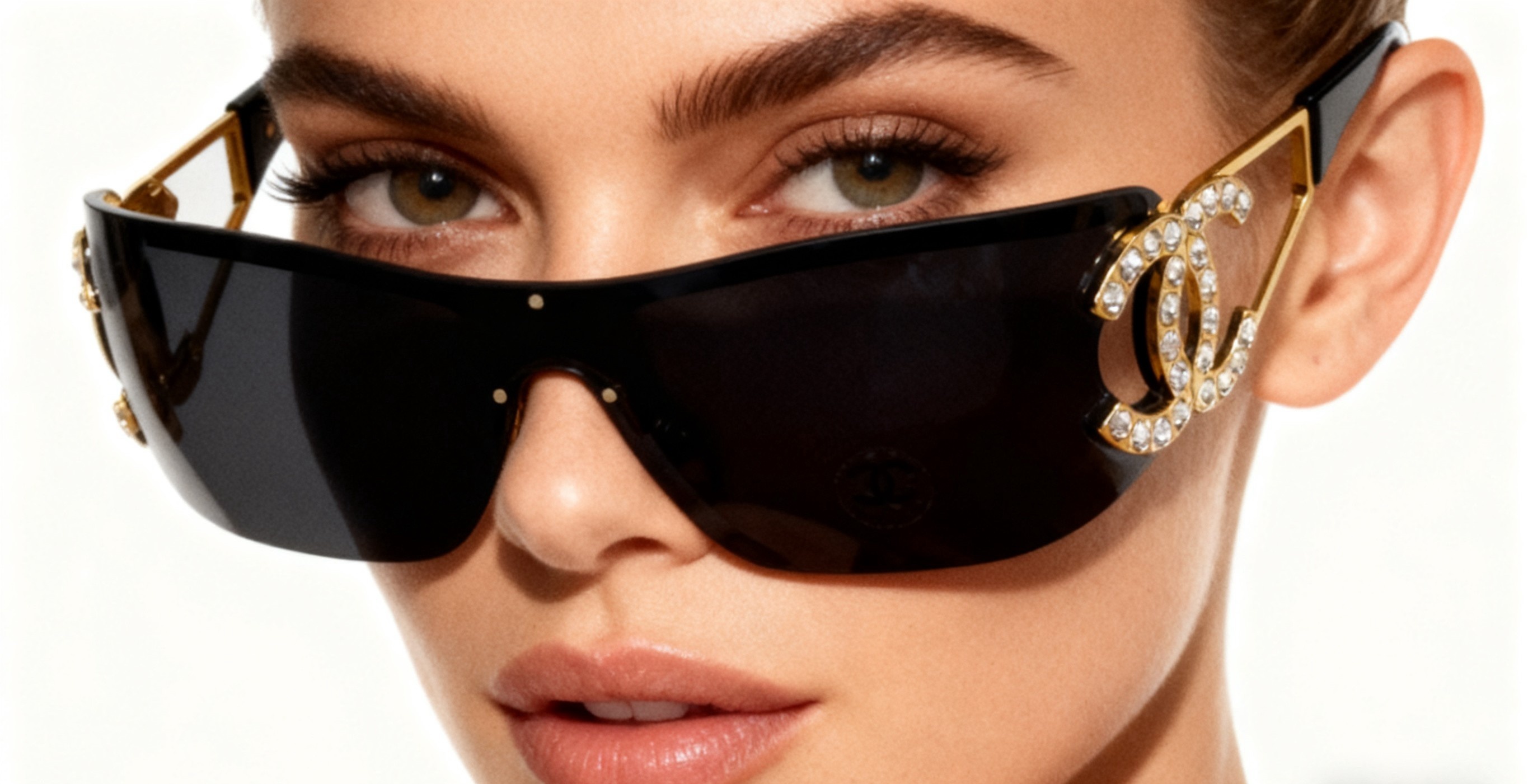 Chanel Crystal CC Logo Shield Sunglasses - Elegant Black & Silver