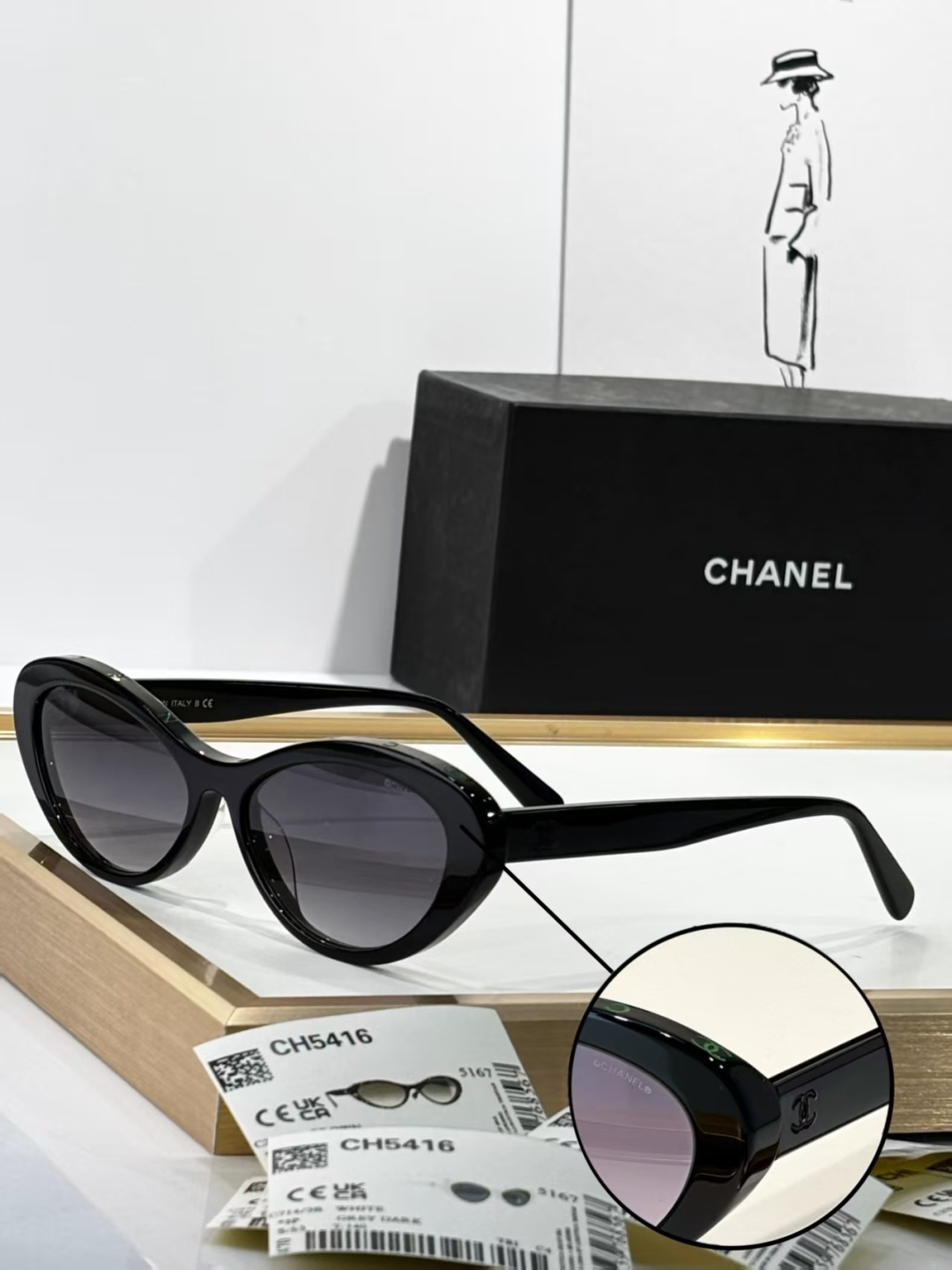 Chanel CH5416A Luxury Cat Eye Sunglasses with Gold Logo Trim