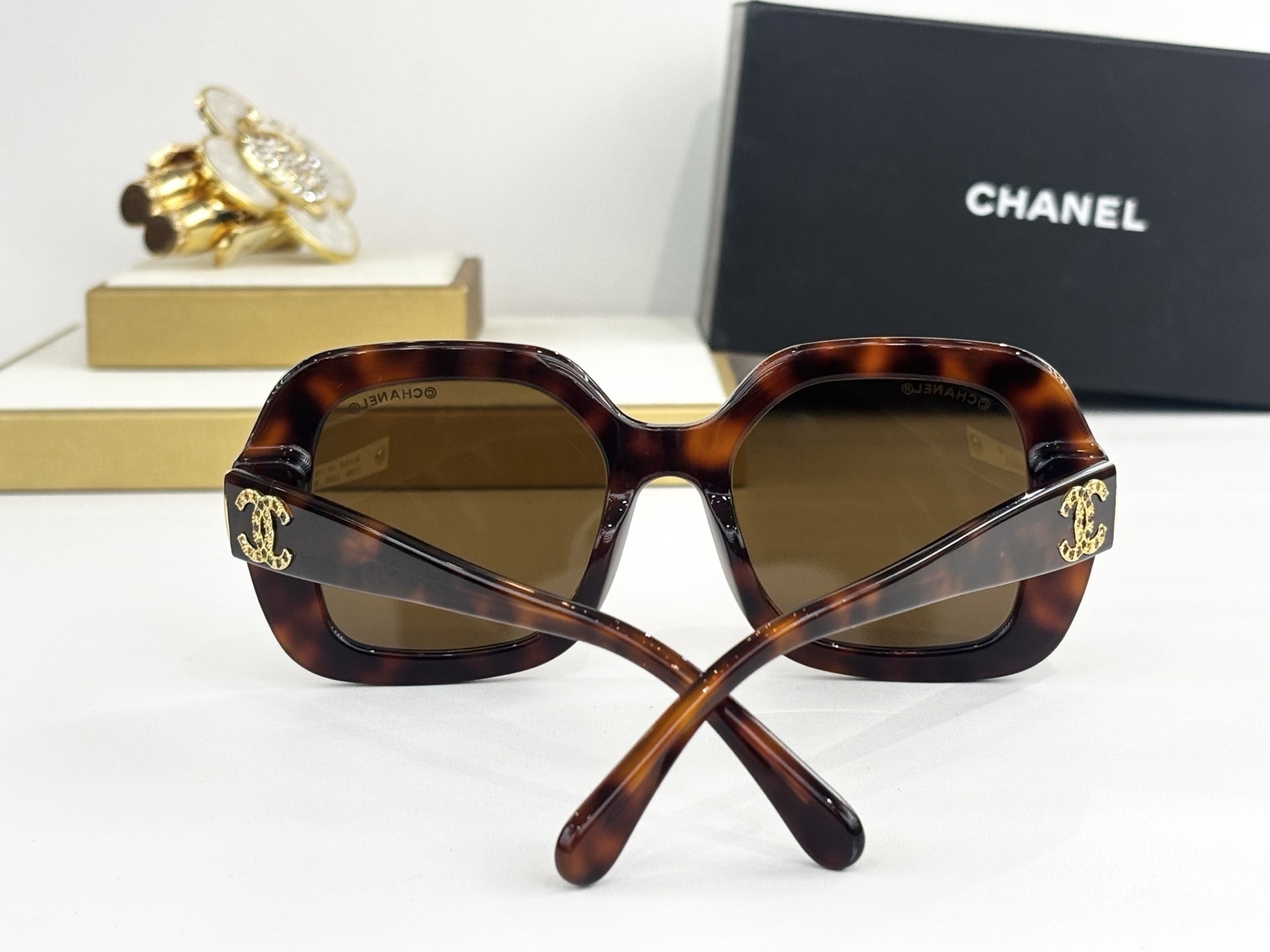 Chanel Luxury Oversized Square Sunglasses with Crystal CC Logo