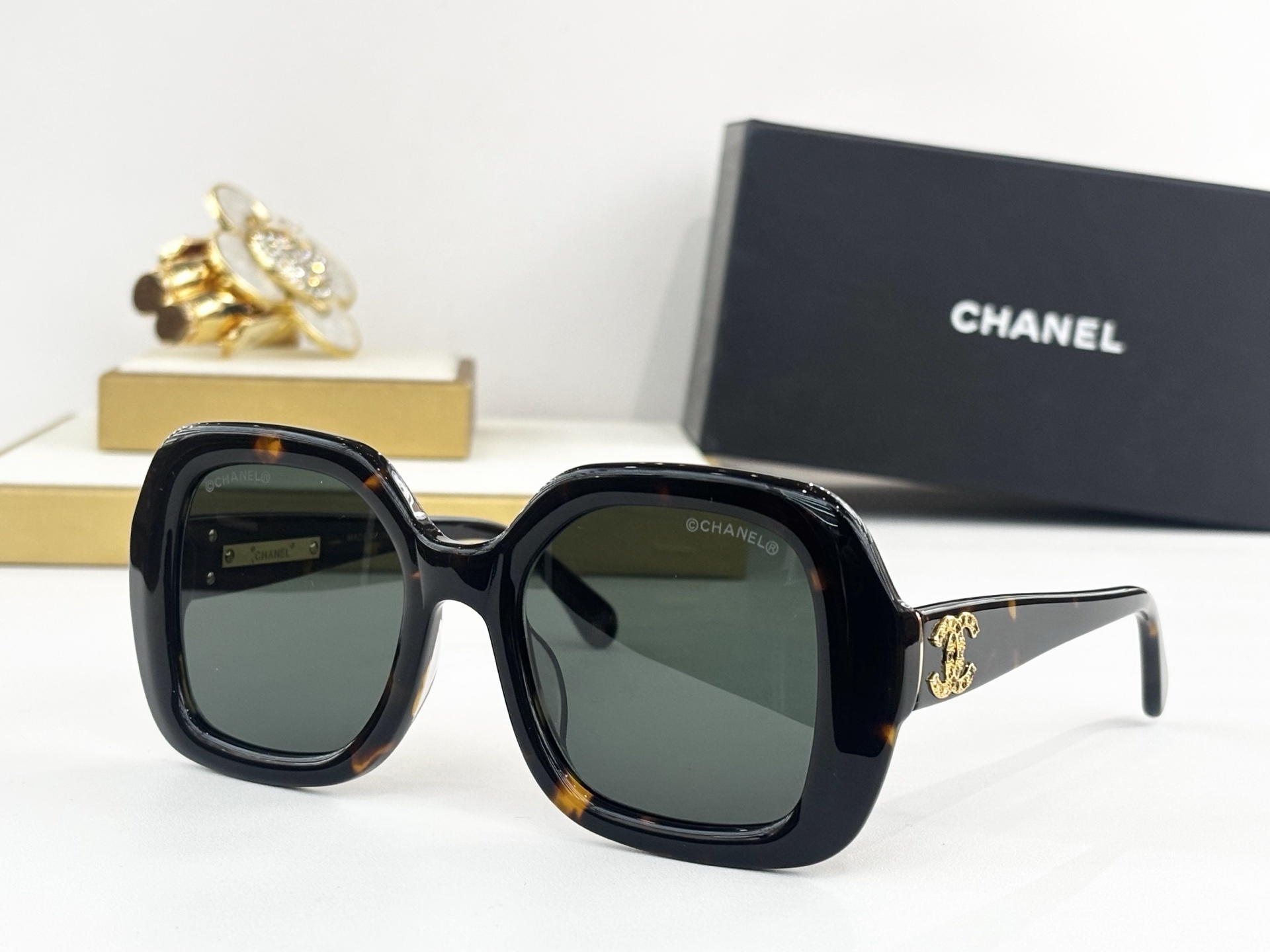 Chanel Luxury Oversized Square Sunglasses with Crystal CC Logo