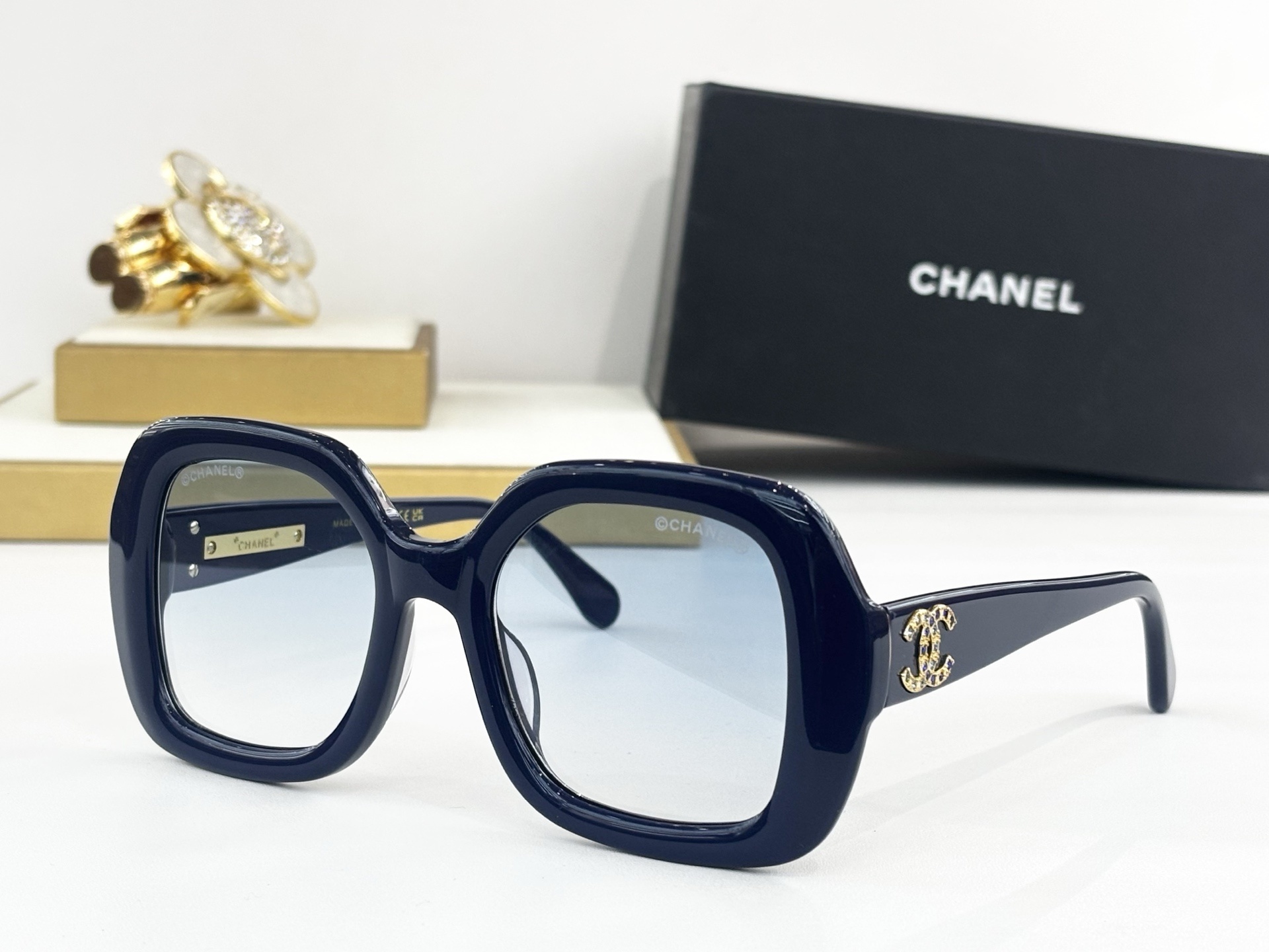 Chanel Luxury Oversized Square Sunglasses with Crystal CC Logo