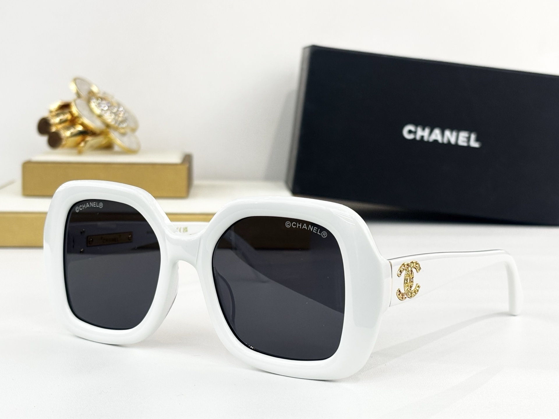 Chanel Luxury Oversized Square Sunglasses with Crystal CC Logo