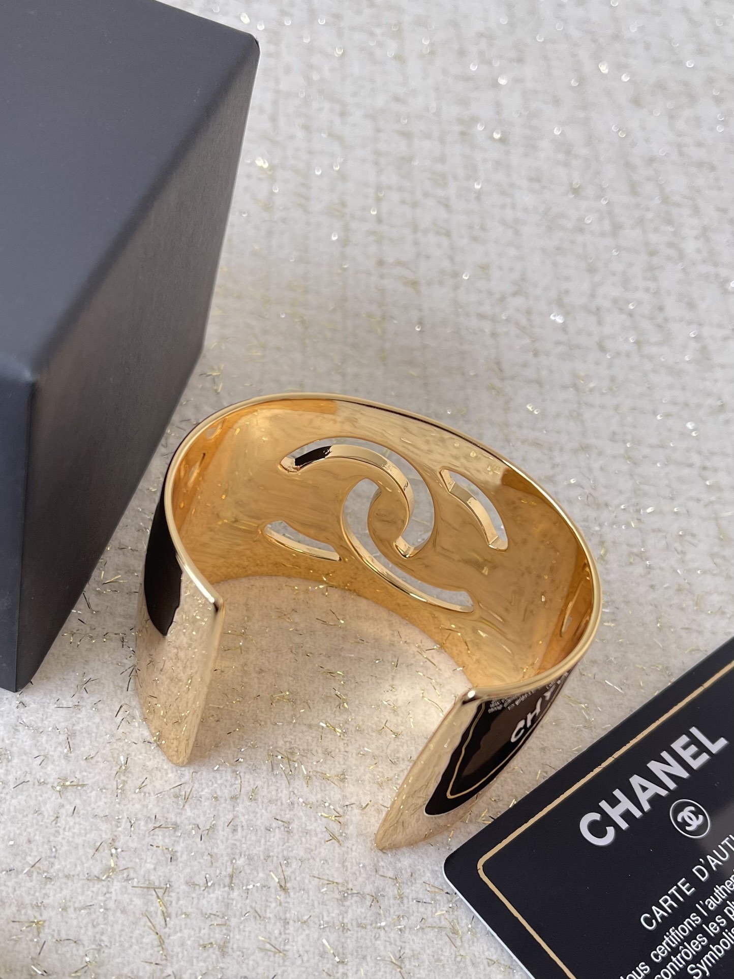 Luxury Gold Wide Cuff Bracelet with Iconic CC Logo Statement Piece