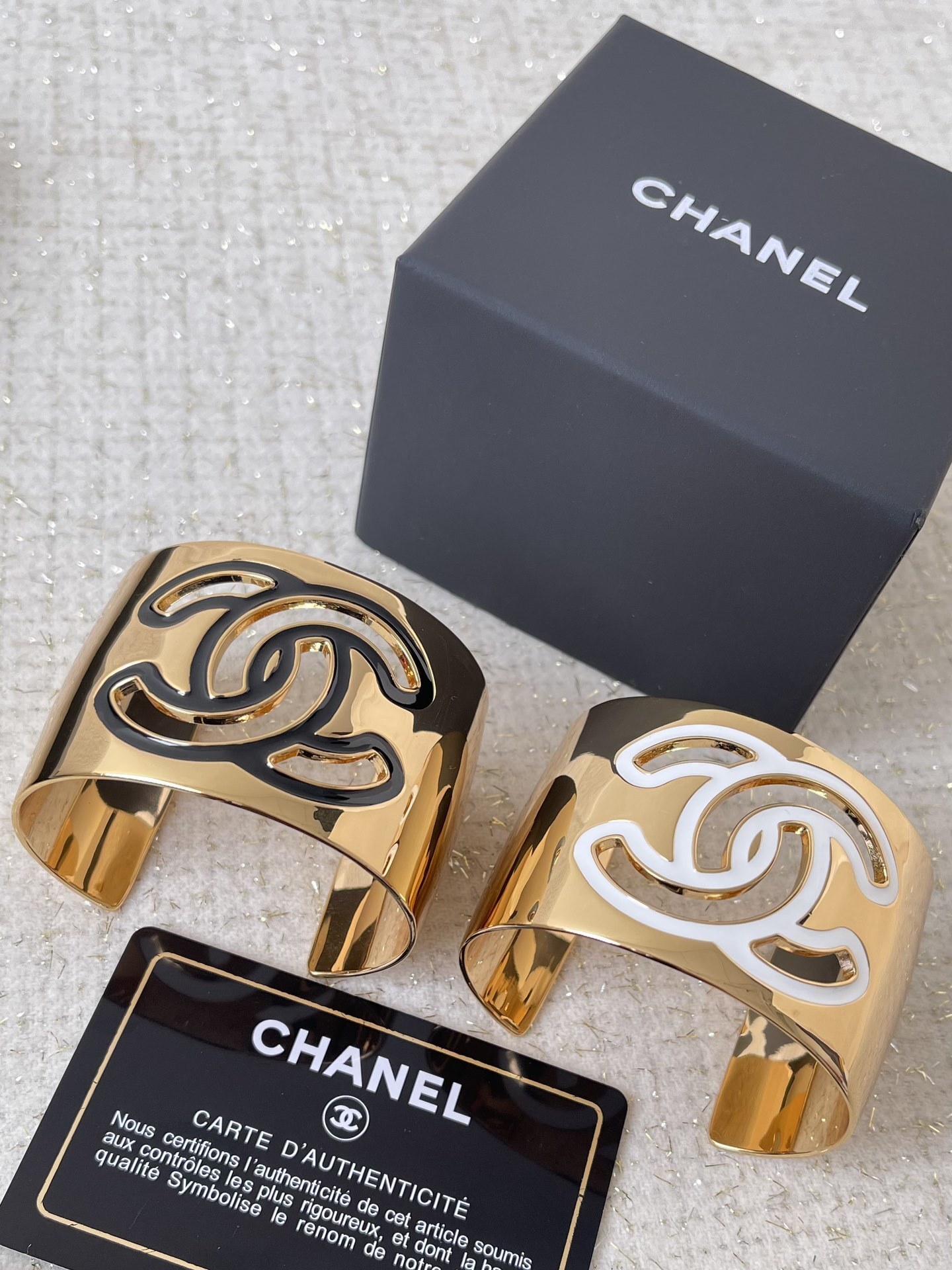 Luxury Gold Wide Cuff Bracelet with Iconic CC Logo Statement Piece