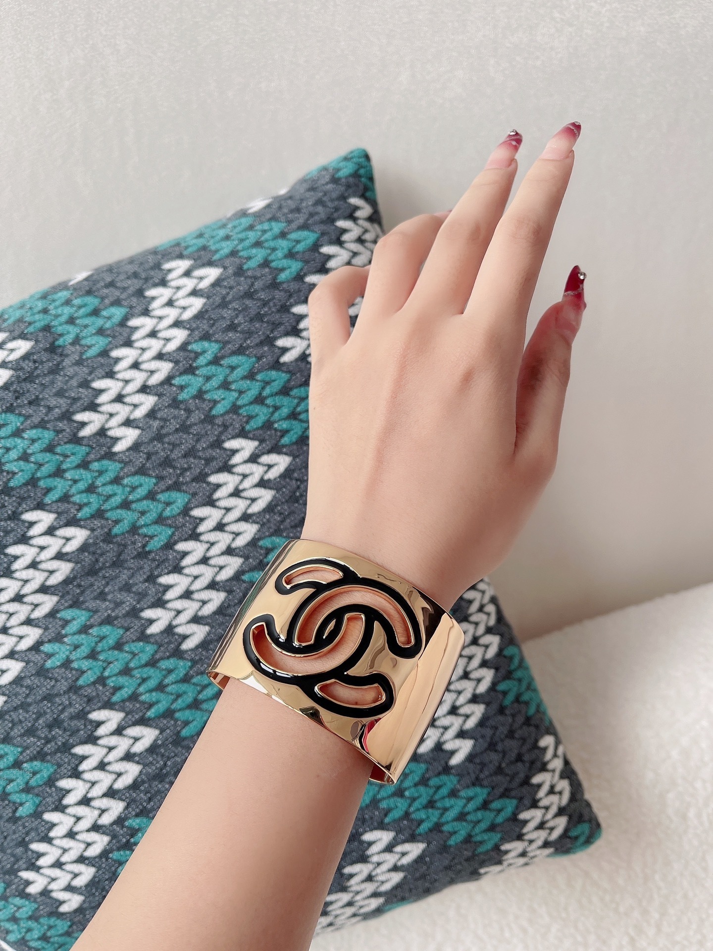 Luxury Gold Wide Cuff Bracelet with Iconic CC Logo Statement Piece