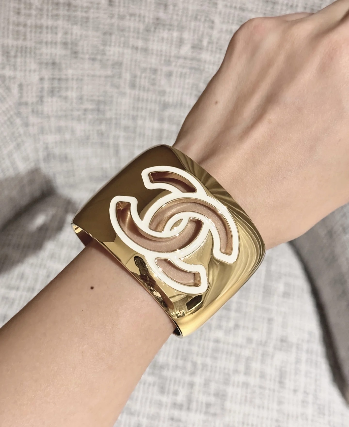 Chanel Gold CC Logo Wide Cuff Bracelet with White Resin