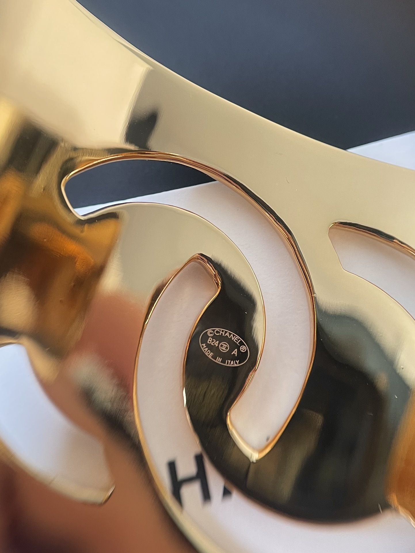 Chanel Gold CC Logo Wide Cuff Bracelet with White Resin