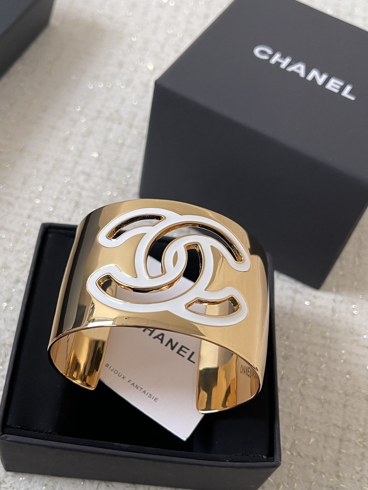 Chanel Gold CC Logo Wide Cuff Bracelet with White Resin